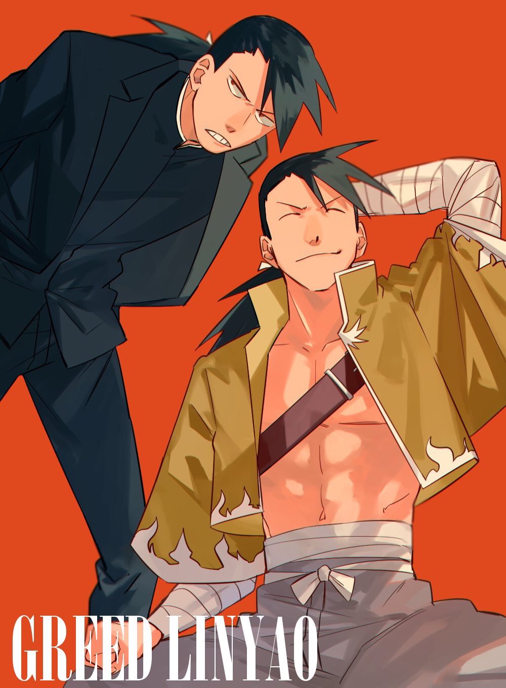 2boys bandaged_arm bandages black_shirt brown_jacket clenched_teeth closed_eyes closed_mouth dual_persona facing_viewer fullmetal_alchemist greed_(fma) grey_pants highres jacket ling_yao male_focus mirin_(coene65) multiple_boys navel orange_background pants pectorals ponytail shirt simple_background sitting teeth