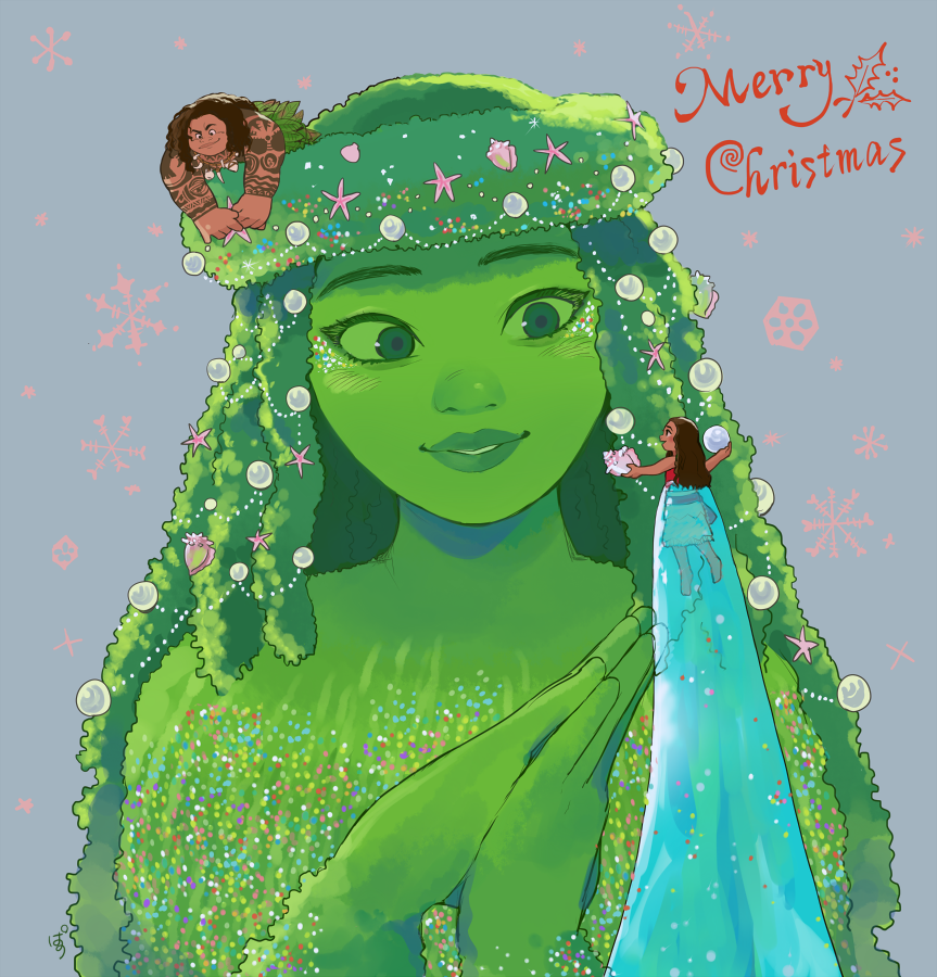 1boy 2girls bare_shoulders black_hair breasts brown_eyes curly_hair dark-skinned_female dark_skin disney flower hair_flower hair_ornament jewelry long_hair looking_at_another maui_(moana) midriff moana_(movie) moana_waialiki multiple_girls necklace pano_(mohayayamai) simple_background smile strapless tattoo tattoo_sleeve te_fiti water