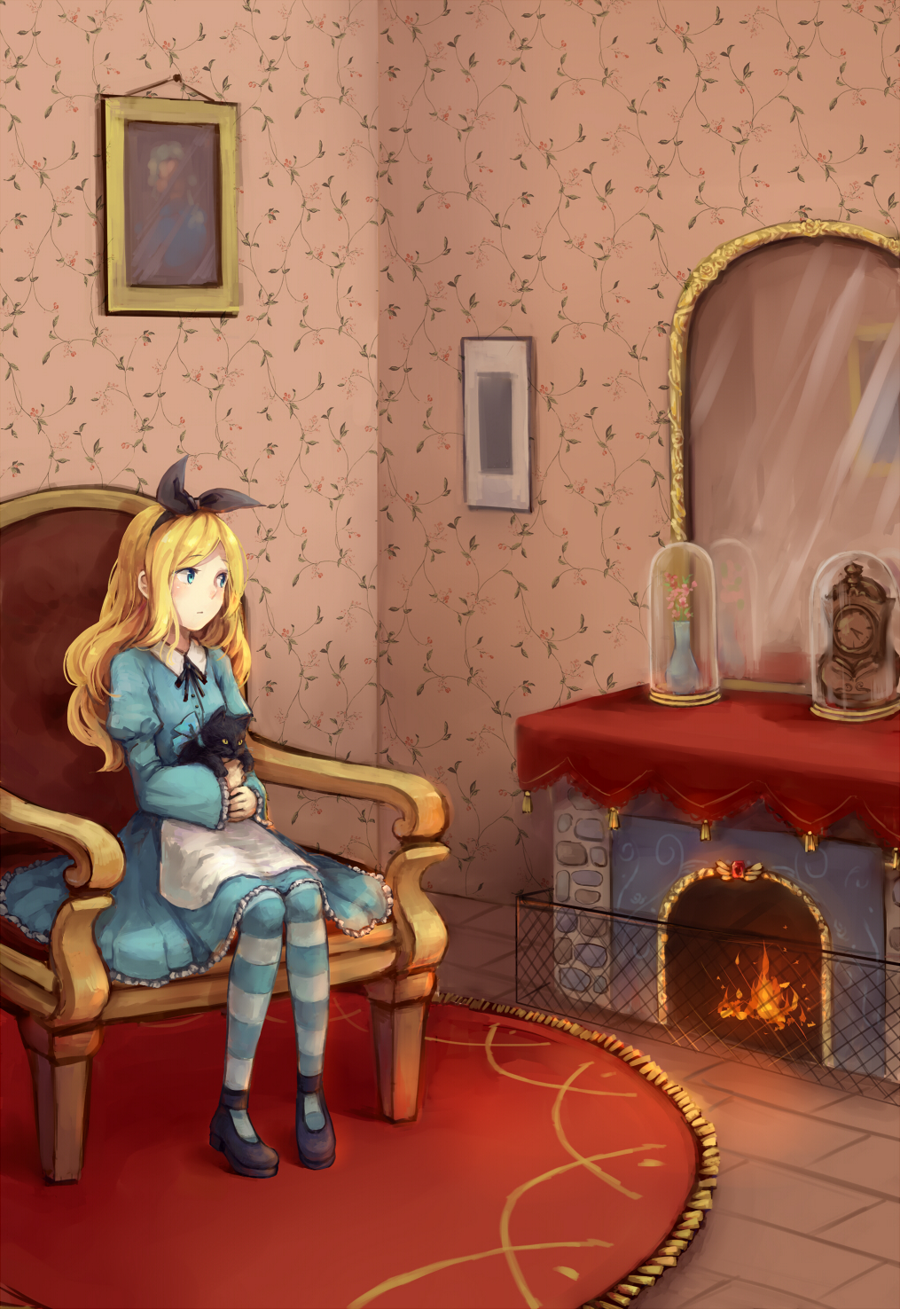 1girl alice_(alice_in_wonderland) alice_in_wonderland animal armchair black_cat blonde_hair blue_eyes blue_pantyhose bow bowtie cat chair dome female_focus fire fireplace flower flower_ornament framed frilled_skirt frilled_sleeves frills glass hair_bow highres holding indoors legs_together long_hair looking_to_the_side mary_(14476764) mirror painting_(object) pantyhose picture_frame puffy_sleeves room shoes sitting skirt skirt_set solo striped_clothes striped_pantyhose vase wallpaper_(object) watch wide_sleeves