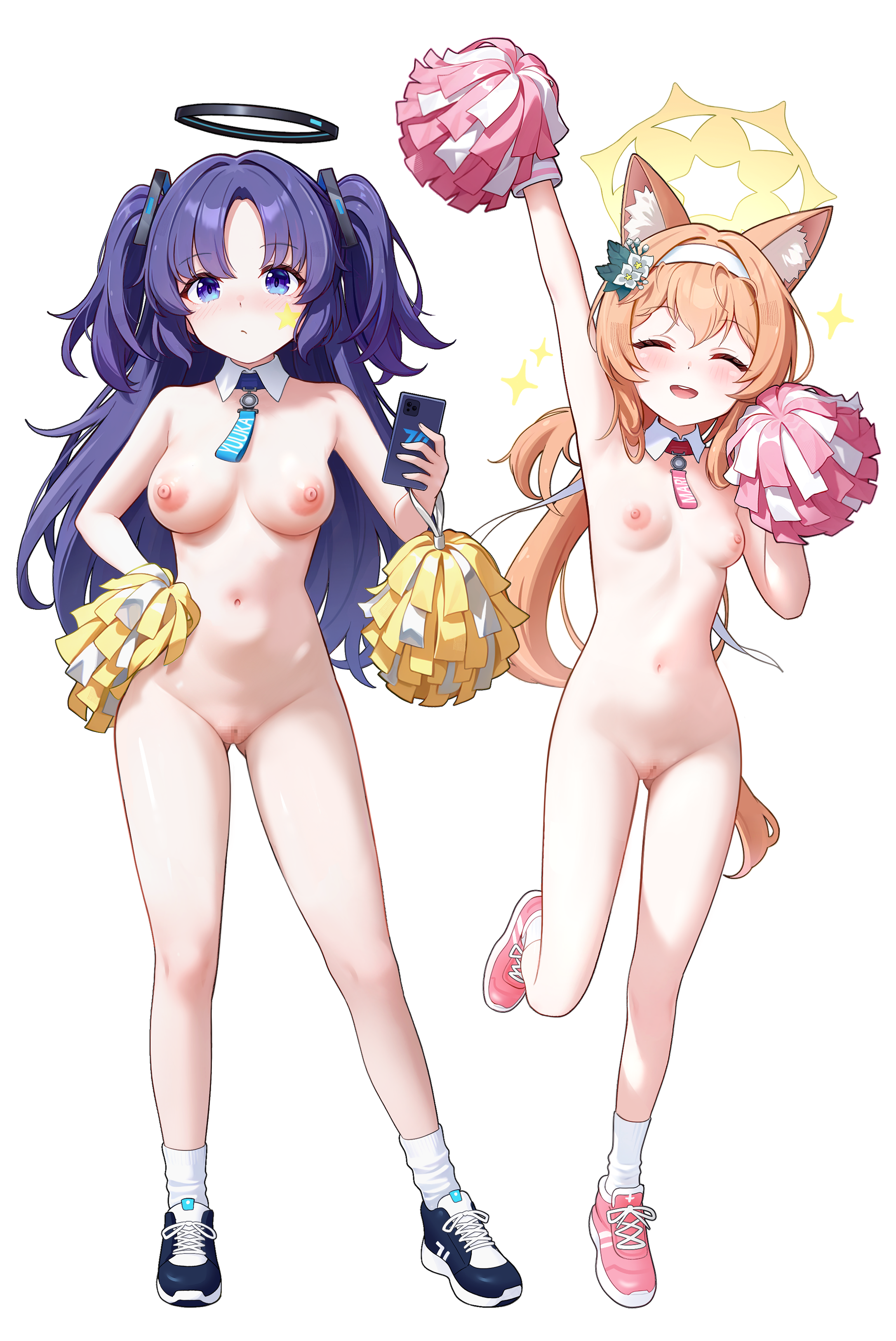2girls ^_^ absurdres animal_ear_fluff animal_ears arm_up aviary black_halo blue_archive blue_eyes blush breasts cat_ears cellphone censored cleft_of_venus closed_eyes closed_mouth collar commentary completely_nude english_commentary full_body hairband halo highres holding holding_phone long_hair looking_at_viewer mari_(blue_archive) medium_breasts mosaic_censoring multiple_girls naked_footwear navel nipples nude open_mouth orange_hair phone pink_shoes pom_pom_(cheerleading) purple_hair pussy shoes simple_background skirt small_breasts smartphone smile socks standing standing_on_one_leg star_sticker sticker_on_face stomach two_side_up very_long_hair white_background white_collar white_hairband white_socks yellow_halo yuuka_(blue_archive)