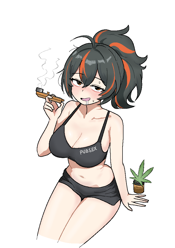 1girl black_bra black_hair black_shorts blush bra breasts cleavage cocktiel77 commentary_request drugs holding holding_smoking_pipe korean_commentary large_breasts looking_at_viewer marijuana multicolored_hair ponytail red_hair saliva shorts simple_background sitting smoking_pipe solo two-tone_hair underwear white_background zenless_zone_zero zhu_yuan