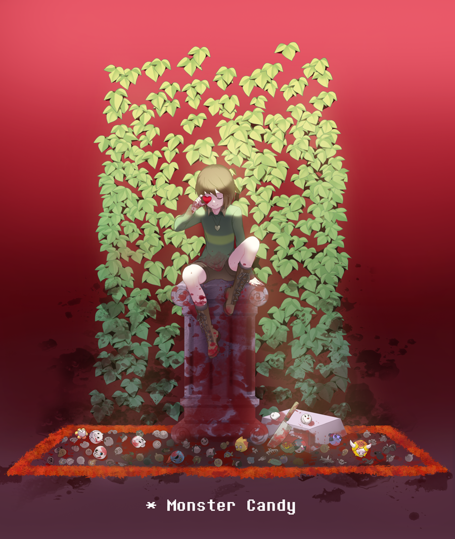 absolutely_everyone alphys androgynous annoying_dog asgore_dreemurr asriel_dreemurr bad_id bad_pixiv_id blood blood_on_clothes blood_on_hands bloody_knife bloody_weapon boots bratty_(undertale) brown_hair catty_(undertale) chara_(undertale) closed_eyes collared_shirt creature dogamy dogaressa doggo endogeny english_text everyone flowey_(undertale) full_body gender_request gotmil gradient_background grillby heart heart_necklace height_difference jewelry knife leaf mad_dummy_(undertale) mad_jick mettaton mettaton_ex monster_kid_(undertale) muffet napstablook necklace onionsan papyrus_(undertale) pillar plant red_background river_person_(undertale) royal_guard_01_(undertale) royal_guard_02_(undertale) sans_(undertale) shirt shorts shyren simple_background sitting smile spoilers standing striped_clothes striped_shirt temmie toriel tray tsunderplane undertale undyne vines w.d._gaster weapon