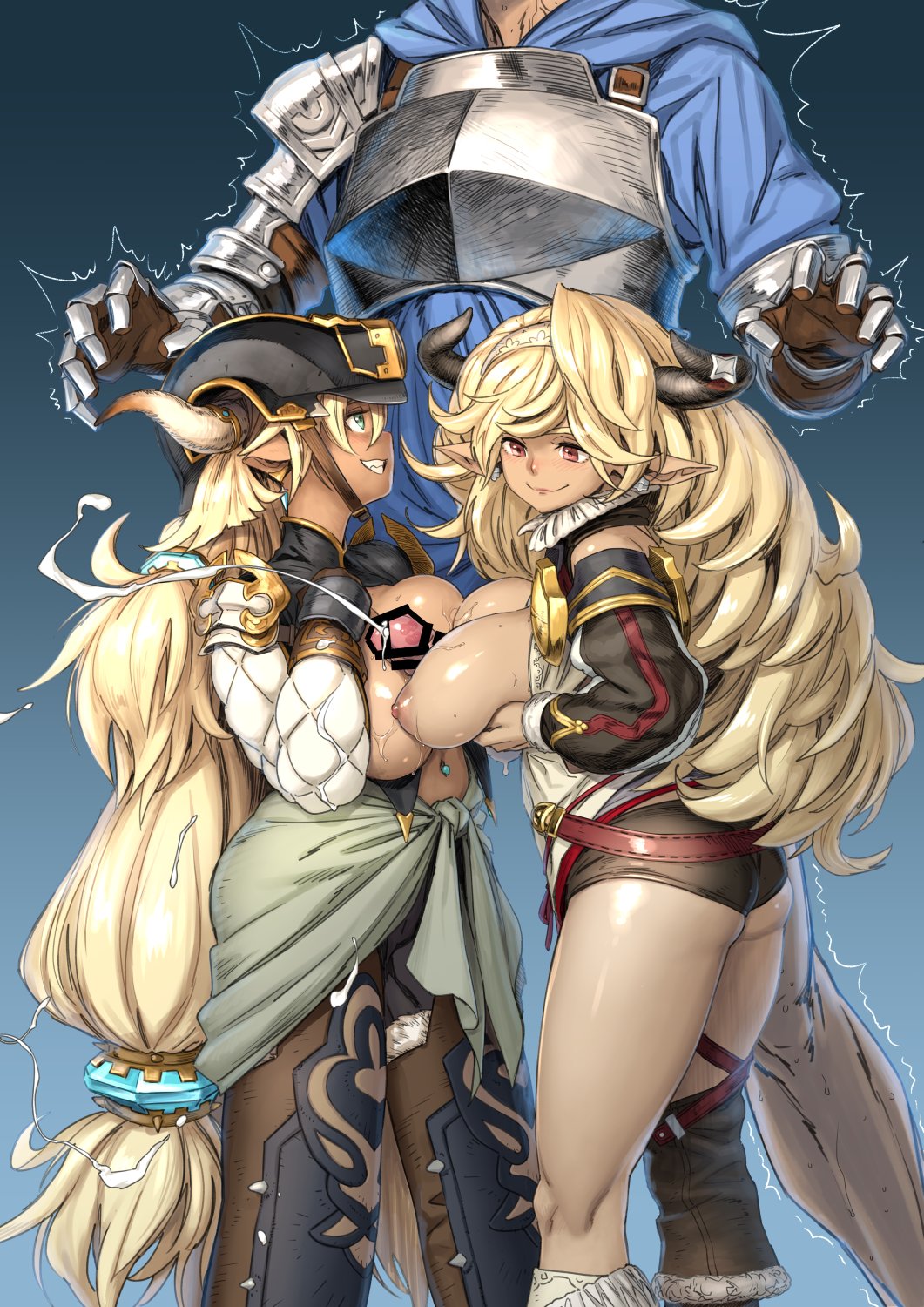 1boy 2girls almeida_(granblue_fantasy) armor bar_censor blonde_hair blue_eyes bobobo breasts censored cooperative_paizuri cum dark-skinned_female dark_skin donna_(granblue_fantasy) draph earrings gran_(granblue_fantasy) granblue_fantasy grin hard_hat height_difference helmet highres horns jewelry large_breasts long_hair multiple_girls navel_piercing nipples paizuri penis piercing pointy_ears projectile_cum red_eyes short_shorts shorts shortstack simple_background smile standing teamwork_(sexual) very_long_hair