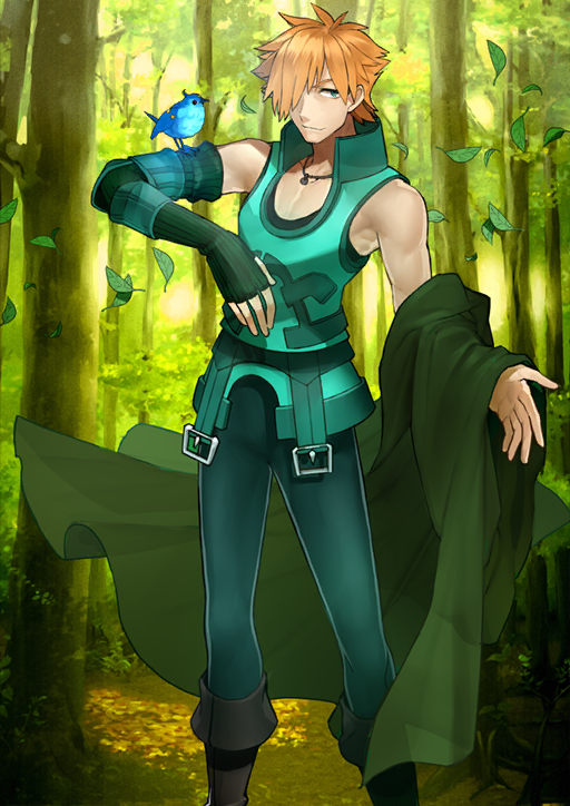 1boy animal animal_on_arm bare_shoulders bird bird_on_arm black_boots boots cape closed_mouth elbow_gloves fate/grand_order fate_(series) feet_out_of_frame fingerless_gloves forest gloves green_cape green_eyes green_pants green_shirt green_theme hair_over_one_eye holding holding_unworn_cape holding_unworn_clothes jewelry leaf legs_apart looking_to_the_side lost_robin_rondo male_focus name_connection nature necklace official_art one_eye_covered orange_hair outdoors pants pectoral_cleavage pectorals robin_hood_(fate) shirt short_hair single_glove sleeveless sleeveless_shirt smile solo standing third-party_source unworn_cape v-shaped_eyebrows wada_arco