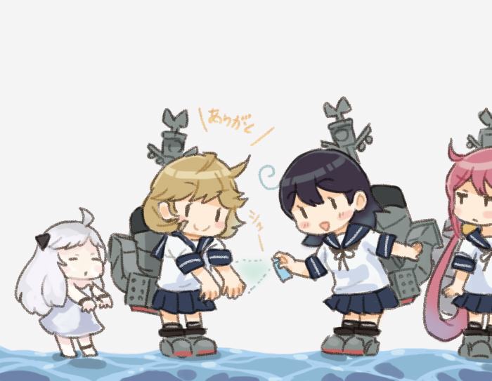 4girls ahoge akebono_(kancolle) bandaid bandaid_on_face black_hair black_sailor_collar black_skirt colored_skin dress horns kantai_collection light_brown_hair long_hair machinery multiple_girls northern_little_sister oboro_(kancolle) pleated_skirt purple_hair saiguchi_otoufu sailor_collar school_uniform serafuku side_ponytail simple_background skirt smokestack spraying standing standing_on_liquid ushio_(kancolle) very_long_hair white_background white_dress white_hair white_skin