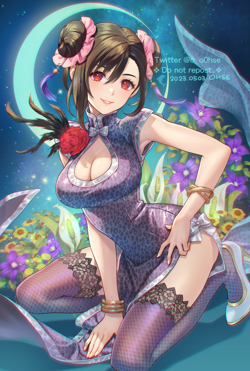1girl black_hair bracelet breasts china_dress chinese_clothes cleavage commentary_request dated double_bun dress final_fantasy final_fantasy_vii final_fantasy_vii_remake flower glint gold_bracelet grey_dress grin hair_bun hair_ornament hair_scrunchie high_heels large_breasts looking_at_viewer official_alternate_costume ohse parted_lips pelvic_curtain purple_flower red_eyes red_flower red_rose rose scrunchie side_slit smile solo squatting sunflower tassel tassel_hair_ornament thighhighs thighs tifa_lockhart tifa_lockhart_(sporty_dress) yellow_flower