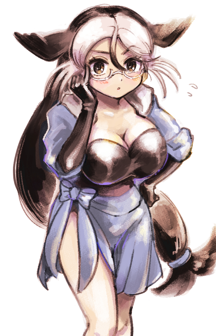 1girl adjusting_eyewear black_hair blue_sarong blush breasts california_sea_lion_(kemono_friends) cleavage kemono_friends kemono_friends_3 large_breasts leotard long_hair looking_at_viewer sarong semi-rimless_eyewear simple_background solo white_background white_hair yokuko_zaza