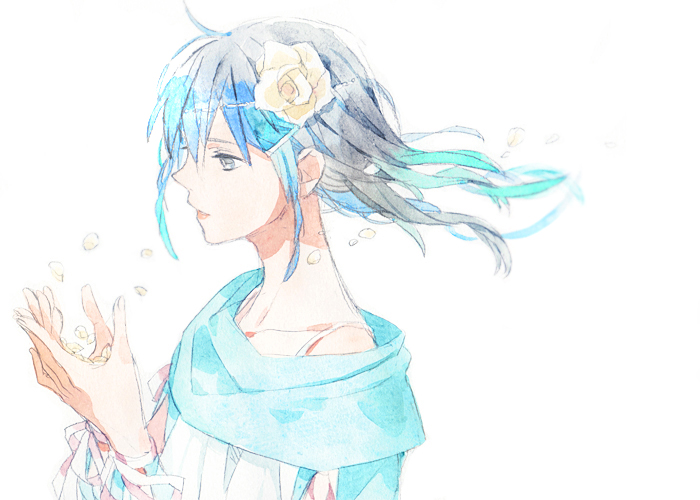 1boy blue_hair blue_scarf catching character_request check_character crossdressing dress floating_hair flower gomas grey_eyes grey_hair hair_flower hair_ornament lipstick looking_at_hands makeup male_focus medium_hair multicolored_hair no.6 parted_lips petals red_lips ribbon rose scarf shion_(no.6) sleeveless sleeveless_dress solo spaghetti_strap standing sundress two-tone_hair upper_body white_background white_dress white_flower white_ribbon white_rose wrist_ribbon