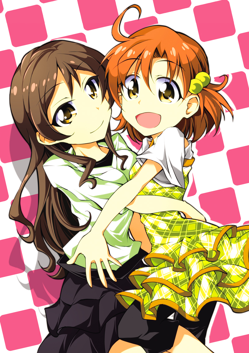 10s 2girls brown_eyes brown_hair dress hair_bobbles hair_ornament idolmaster idolmaster_million_live! kitazawa_shiho kurinton long_hair looking_at_viewer multiple_girls open_mouth short_hair smile yabuki_kana yellow_eyes