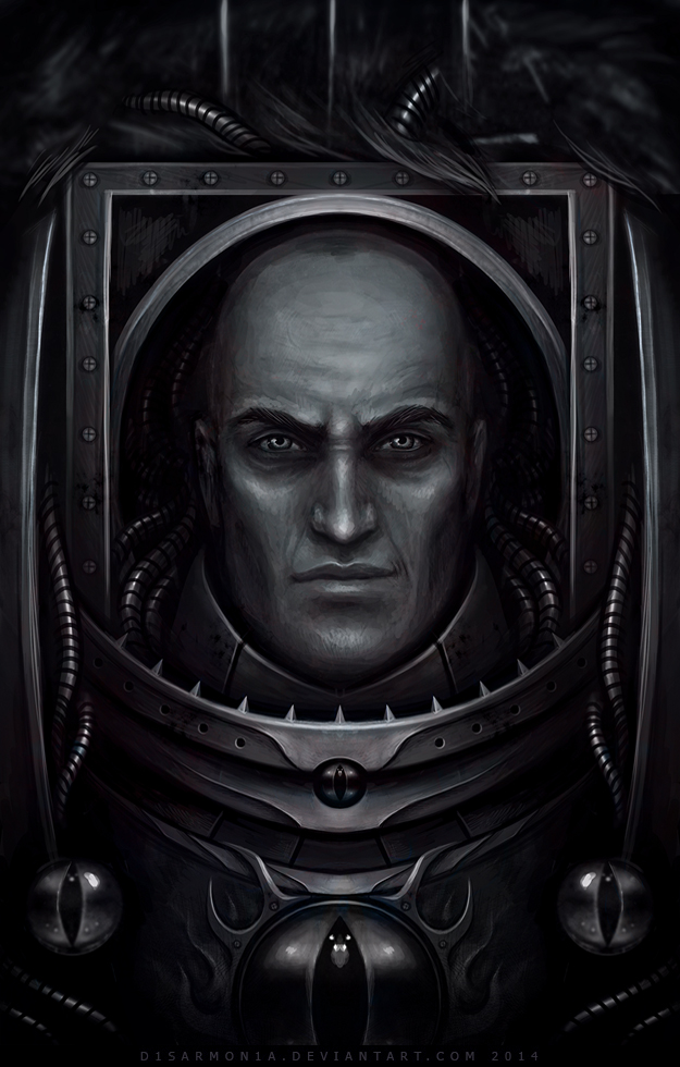 1boy armor bald black_background black_legion breastplate closed_mouth commentary dated deviantart_username english_commentary eyes_of_horus_(warhammer_40k) horus_lupercal looking_at_viewer male_focus monochrome portrait power_armor primarch simple_background smirk solo straight-on veronica_anrathi warhammer_40k watermark web_address