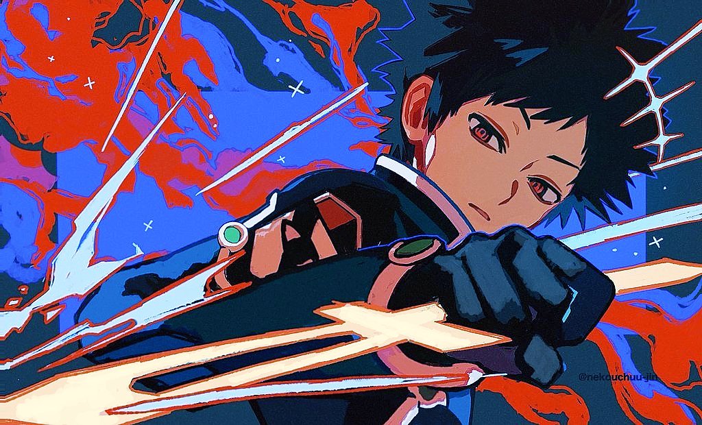 1boy black_gloves black_hair blue_background blue_jacket gloves hand_up holding holding_sword holding_weapon jacket kazama_souya long_sleeves looking_at_viewer male_focus nekouchuu_jin red_eyes reverse_grip short_hair solo sword twitter_username upper_body weapon world_trigger