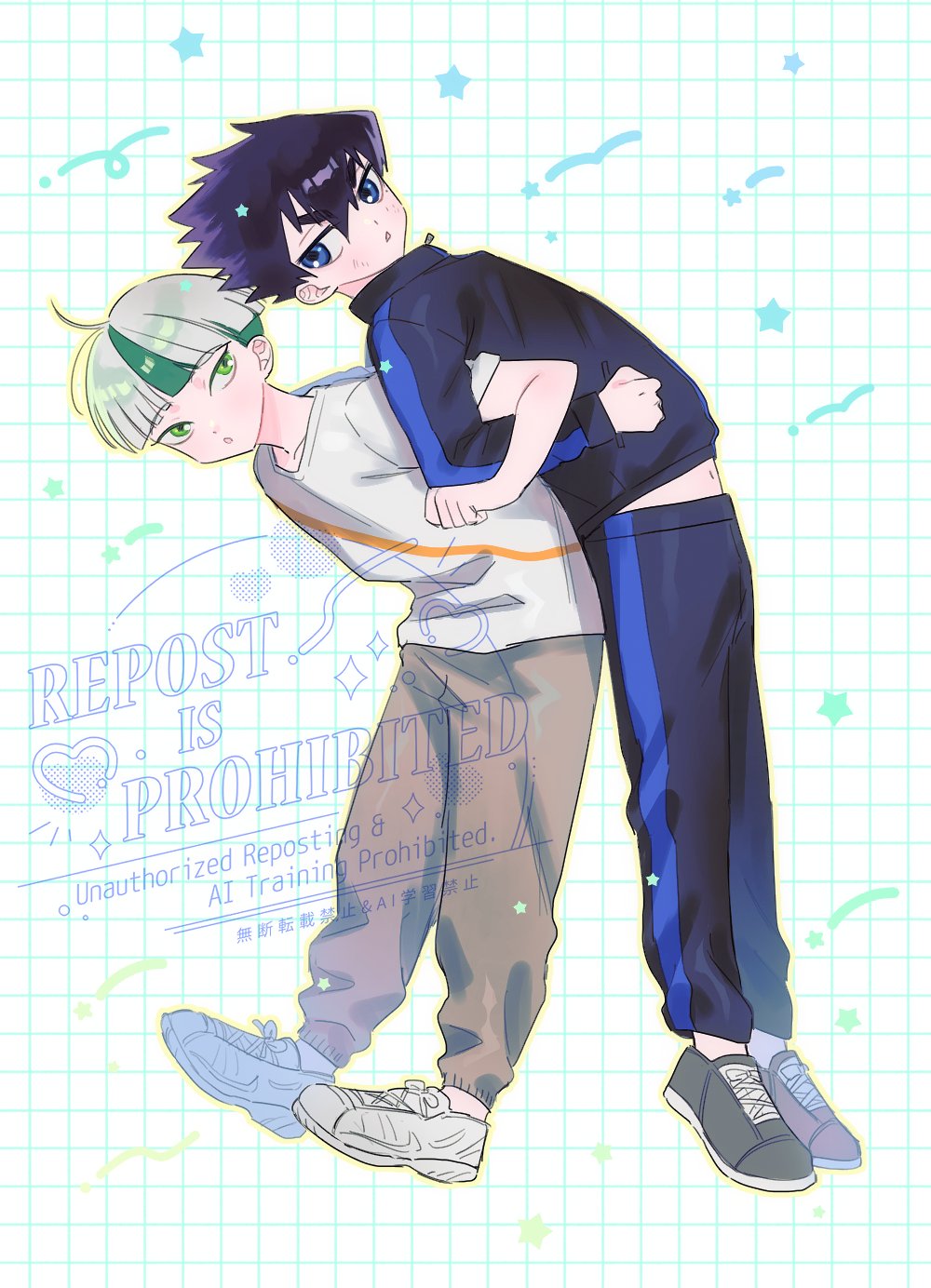 2boys blue_lock blush couple crossed_arms highres karasu_tabito m15391599 multiple_boys otoya_eita shoes short_hair sneakers sportswear
