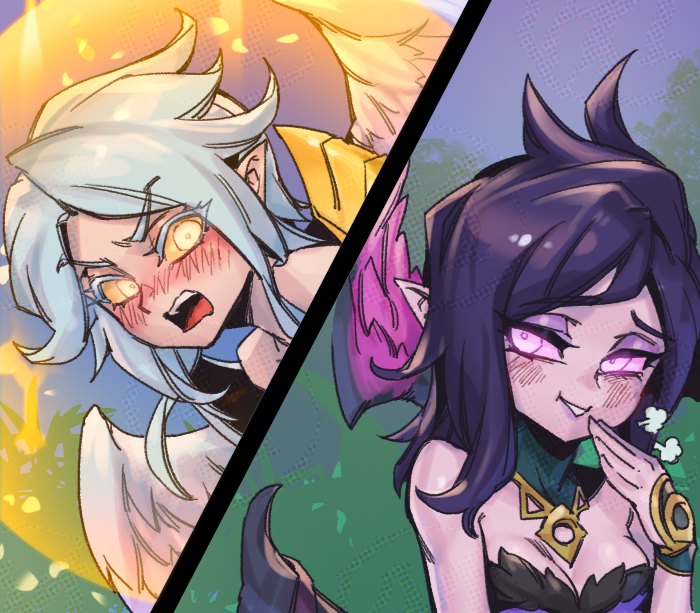 2girls angel_wings black_wings blush breasts cleavage colored_sclera feathered_wings furrowed_brow hair_between_eyes kayle_(league_of_legends) league_of_legends long_hair looking_at_another medium_breasts morgana_(league_of_legends) multiple_girls open_mouth outdoors phantom_ix_row pointy_ears purple_eyes purple_hair purple_sclera shield siblings sidelocks sisters teeth tree twins upper_body upper_teeth_only v-shaped_eyebrows white_hair white_wings wings yellow_eyes yellow_sclera