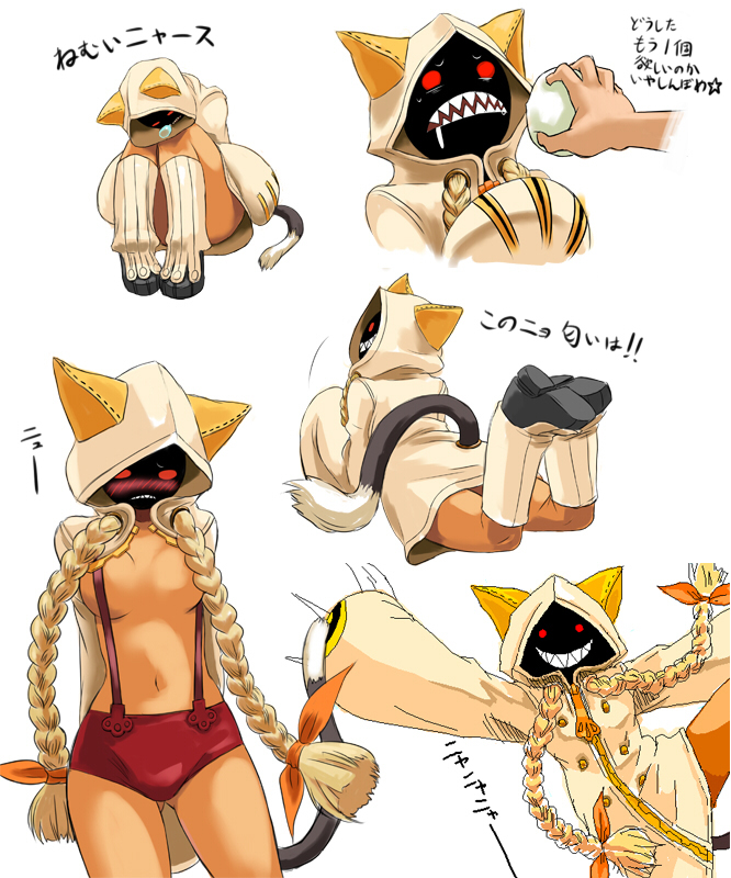 1girl animal_ears animal_hood arc_system_works steamed_bun blazblue blonde_hair blush bow braid breasts cat_ears cat_hood cat_tail claws cleavage dark-skinned_female dark_skin drooling food grin hair_bow hood hoodie iwaya long_hair medium_breasts navel red_eyes sleeping smile snot suspenders tail taokaka translation_request twin_braids twintails