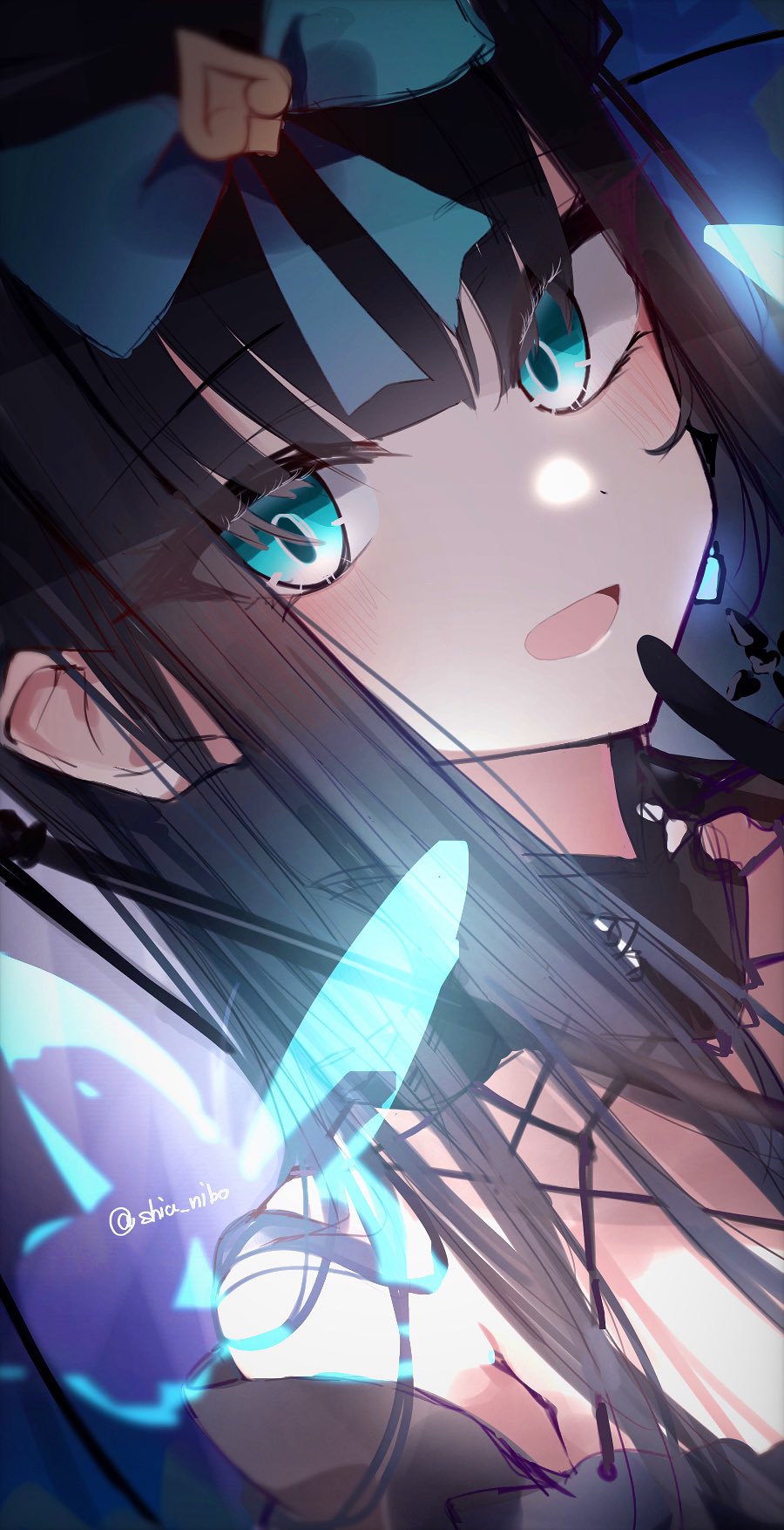 arcaea bare_shoulders black_hair blue_bow blue_eyes blush bow bug butterfly collar eyelashes hair_ornament hand_to_own_mouth highres insect long_hair nibo_shia open_mouth signature smile tairitsu_(arcaea) tairitsu_(tempest)_(arcaea) umbrella