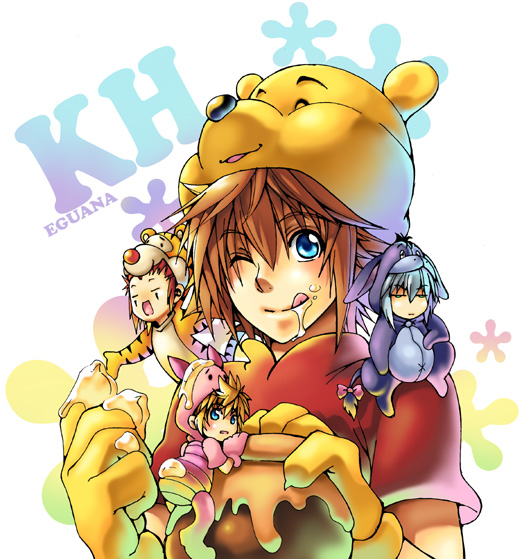 4boys alternate_costume animal_ears arm_on_knee artist_name axel_(kingdom_hearts) blue_eyes chibi chibi_inset chibi_on_shoulder claws commentary cosplay costume eating eeyore eeyore_(cosplay) eguana elbow_on_knee english_commentary engrish_commentary expressionless facial_mark fake_animal_ears fake_tail floral_background floral_print food food_on_body food_on_face food_on_head gloves holding_honeypot honey honeypot kingdom_hearts kingdom_hearts_ii licking_lips male_focus medium_hair multiple_boys object_on_head one_eye_closed open_mouth outstretched_arm piglet_(winnie_the_pooh) piglet_(winnie_the_pooh)_(cosplay) pooh pooh_(cosplay) rainbow_background red_hair red_shirt riku_(kingdom_hearts) roxas shirt short_hair short_sleeves sitting smile sora_(kingdom_hearts) spiked_hair standing tail tigger tigger_(cosplay) tongue tongue_out white_hair winnie_the_pooh yellow_gloves yellow_headwear