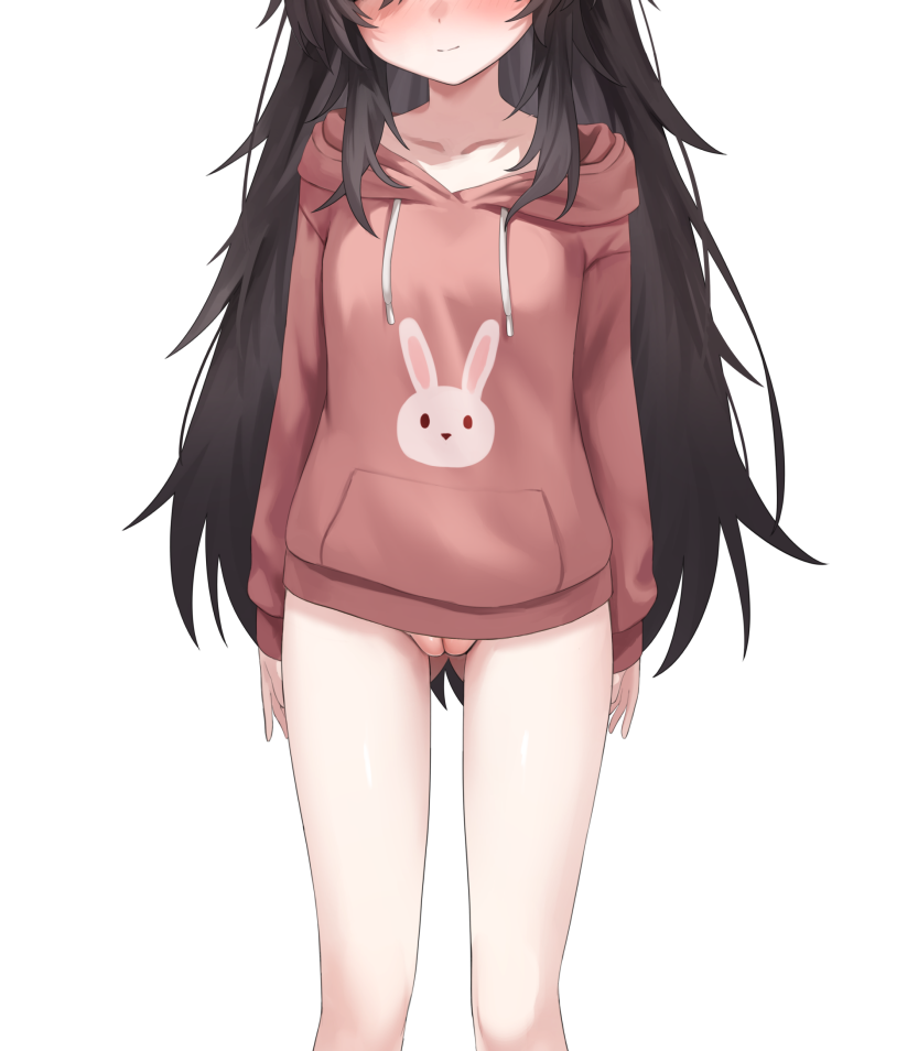 1girl animal_print black_hair blush bottomless cleft_of_venus closed_mouth collarbone drawstring eyes_out_of_frame head_out_of_frame hood hoodie jooartk7063 loli long_hair long_sleeves messy_hair original pink_hoodie puffy_long_sleeves puffy_sleeves pussy rabbit_print simple_background solo uncensored white_background