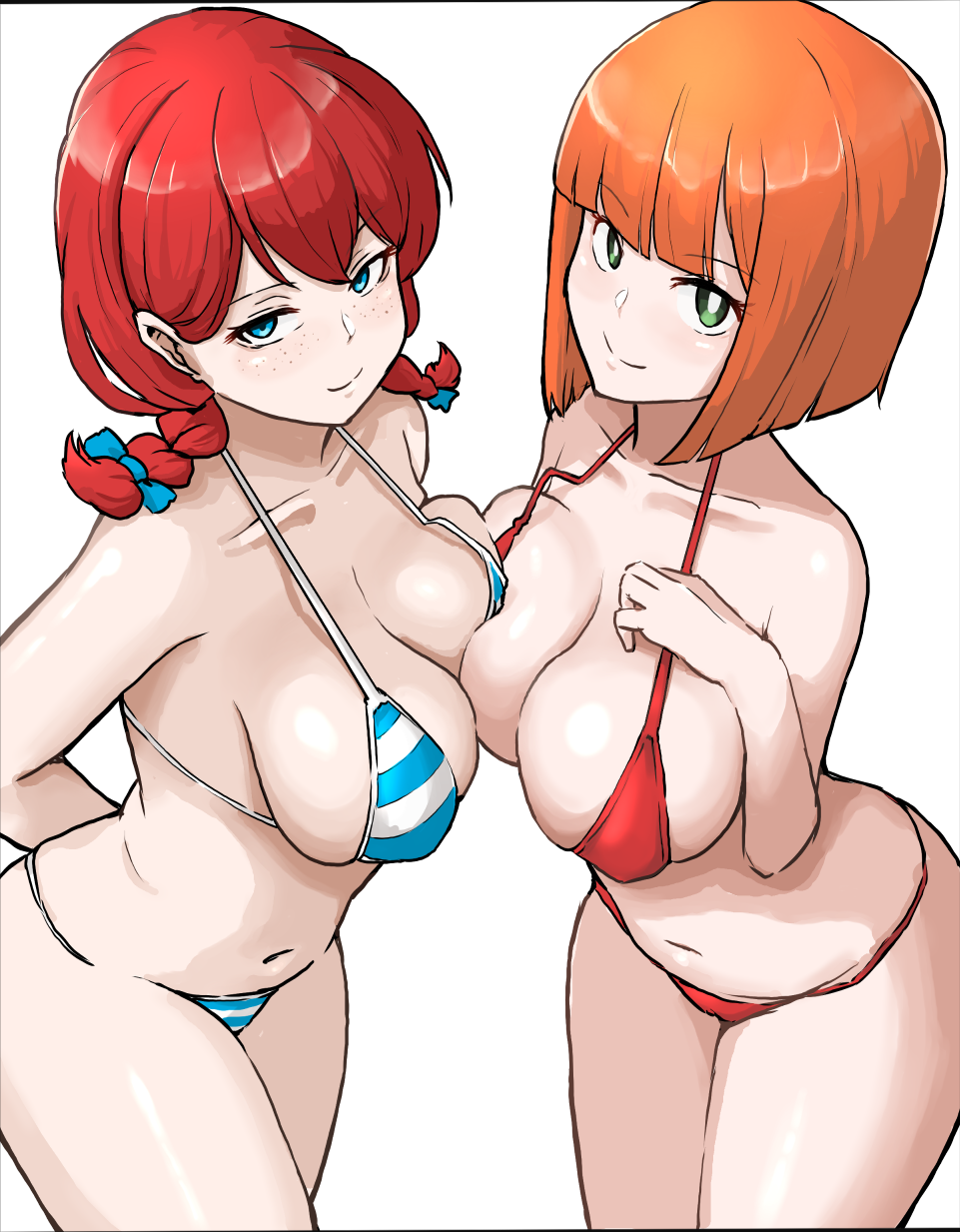 2girls alternate_breast_size alternate_costume asymmetrical_docking bikini blue_bikini blue_bow blue_eyes bob_cut bow braid breast_press breasts cleavage closed_mouth collar collarbone commentary crossover female_focus freckles hair_bow highres large_breasts looking_at_viewer mcdonald&#039;s mother_(yoru_mac) multiple_girls navel niceratus_kiotensis orange_hair product_girl red_bikini red_hair revision sideboob simple_background smile striped_bikini striped_clothes swimsuit thighs twin_braids twintails wendy&#039;s wendy_(wendy&#039;s) white_background yoru_mac