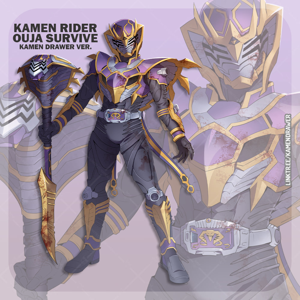 1boy armor ashmish blood blood_stain bodysuit card_deck_(ouja) character_name cobra_(animal) commentary commentary_request english_commentary english_text full_body hair_ornament helmet holding holding_scepter kamen_rider kamen_rider_ouja kamen_rider_outsiders kamen_rider_ryuki_(series) partial_commentary purple_background redesign rider_belt scepter snake snake_hair_ornament snake_tail solo standing tail v_buckle venovisor_zwei