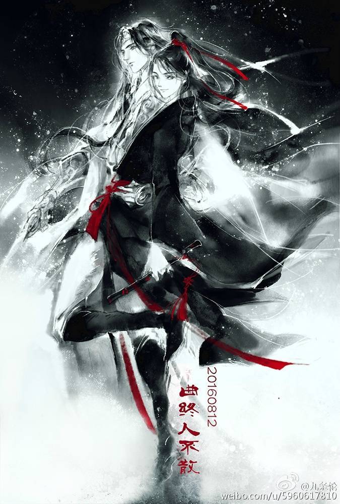 2boys black_boots black_eyes black_hair black_hanfu boots chinese_clothes chinese_text closed_mouth couple dated dizi faux_traditional_media floating_clothes floating_hair flute flute_tassel full_body hair_ribbon hand_on_another&#039;s_hip hanfu headband high_ponytail holding holding_flute holding_instrument holding_sword holding_weapon hug ink_wash_painting instrument kcllzas163 lan_wangji light_particles long_hair long_sleeves looking_at_viewer male_focus modao_zushi monochrome multiple_boys pants ponytail red_ribbon red_sash ribbon robe sash smile spot_color standing standing_on_one_leg sword tassel third-party_source transverse_flute watermark weapon wei_wuxian weibo_watermark white_hanfu white_headband white_pants wide_sleeves yaoi