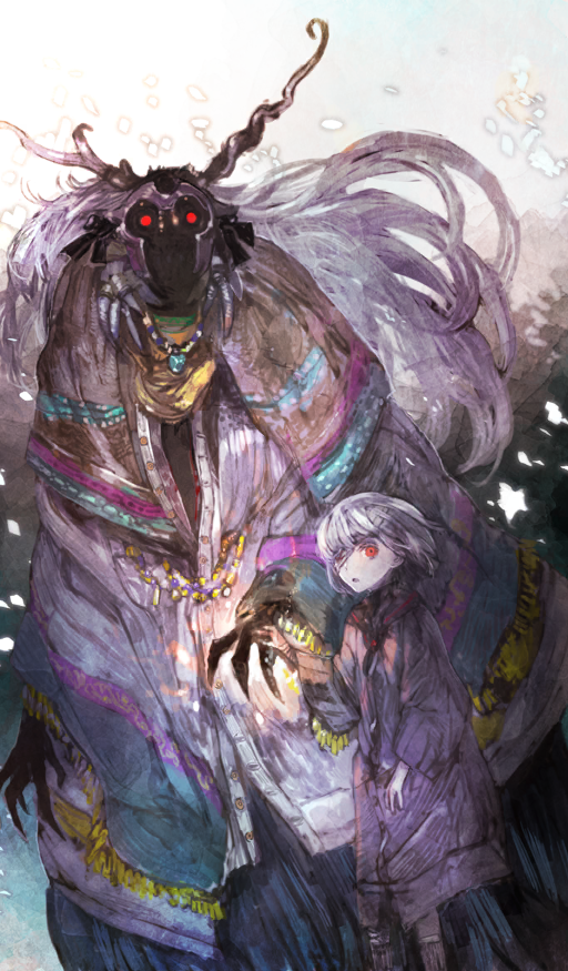 1girl bandage_over_one_eye bandages buttons coat commentary fate/grand_order fate_(series) feet_out_of_frame glowing glowing_eyes height_difference holding_hands horns long_sleeves looking_at_viewer monster official_art parted_lips petals purple_coat red_eyes servant_summer_festival!_2018 short_hair standing third-party_source toi8 white_hair wide_sleeves