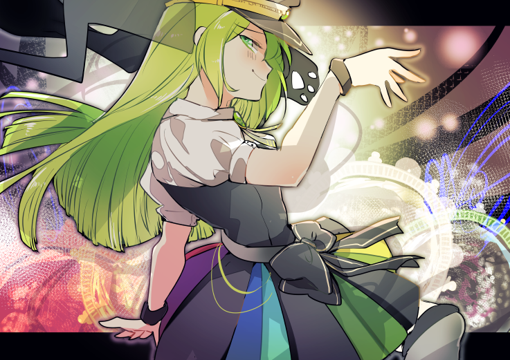 1girl alina_gray aqua_eyes black_bow black_hat black_necktie black_vest blunt_ends bow brooch chain collar cross_tie detached_collar doppel_(madoka_magica) fur_cuffs gem green_gemstone green_hair hair_between_eyes hat jewelry lapels long_hair magia_record:_mahou_shoujo_madoka_magica_gaiden magical_girl mahou_shoujo_madoka_magica miniskirt multicolored_hair multicolored_skirt necktie notched_lapels old_dorothy peaked_cap pleated_skirt puffy_short_sleeves puffy_sleeves sadahara_inako see-through_clothes see-through_sleeves short_sleeves sidelocks skirt sleeve_cuffs solo straight_hair streaked_hair striped_clothes striped_skirt v-neck vertical-striped_clothes vertical-striped_skirt very_long_hair vest waist_bow white_collar white_sleeves