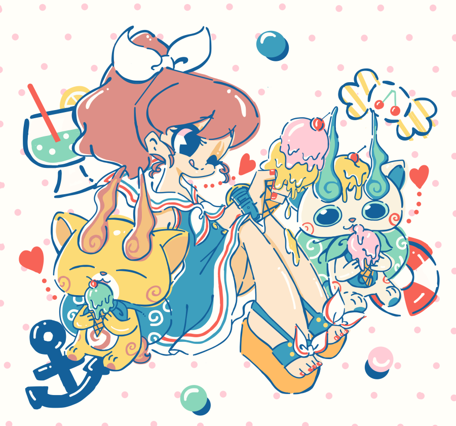 1girl anchor bare_arms blue_dress dress eating fingernails food holding holding_food holding_ice_cream ice_cream innertube knees_up kodama_fumika komajirou komasan licking_lips nail_polish nonana_(mikudrop) one_eye_closed ribbon sailor_dress sandals sitting swim_ring toenail_polish toenails tongue tongue_out white_ribbon youkai_watch