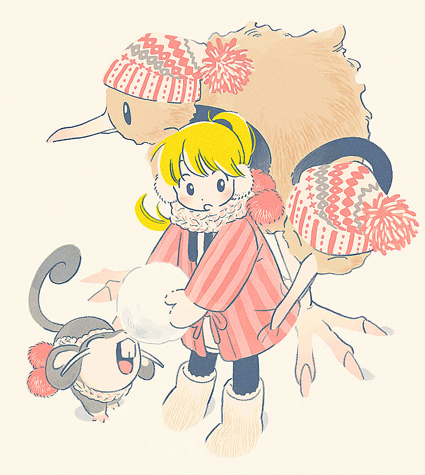 1girl :o ^_^ alolan_form alolan_rattata beak_hold beanie black_leggings boots closed_eyes clothed_pokemon clothes_grab coat doduo dot_nose earmuffs facing_up full_body fur-trimmed_footwear fur_trim gen_1_pokemon gen_7_pokemon grey_hat hat holding holding_snowball leggings limited_palette long_hair looking_at_creature looking_to_the_side mittens mouth_hold multicolored_hat nintendo no_sclera open_mouth pink_coat pokemon pokemon_(creature) pokemon_adventures pom_pom_(clothes) pom_pom_beanie ponytail red_hat scarf seirakun3 sideways_glance simple_background snow snowball split_mouth striped_coat swept_bangs two-handed vertical-striped_coat white_footwear white_hat white_mittens white_scarf winter yellow_(pokemon)