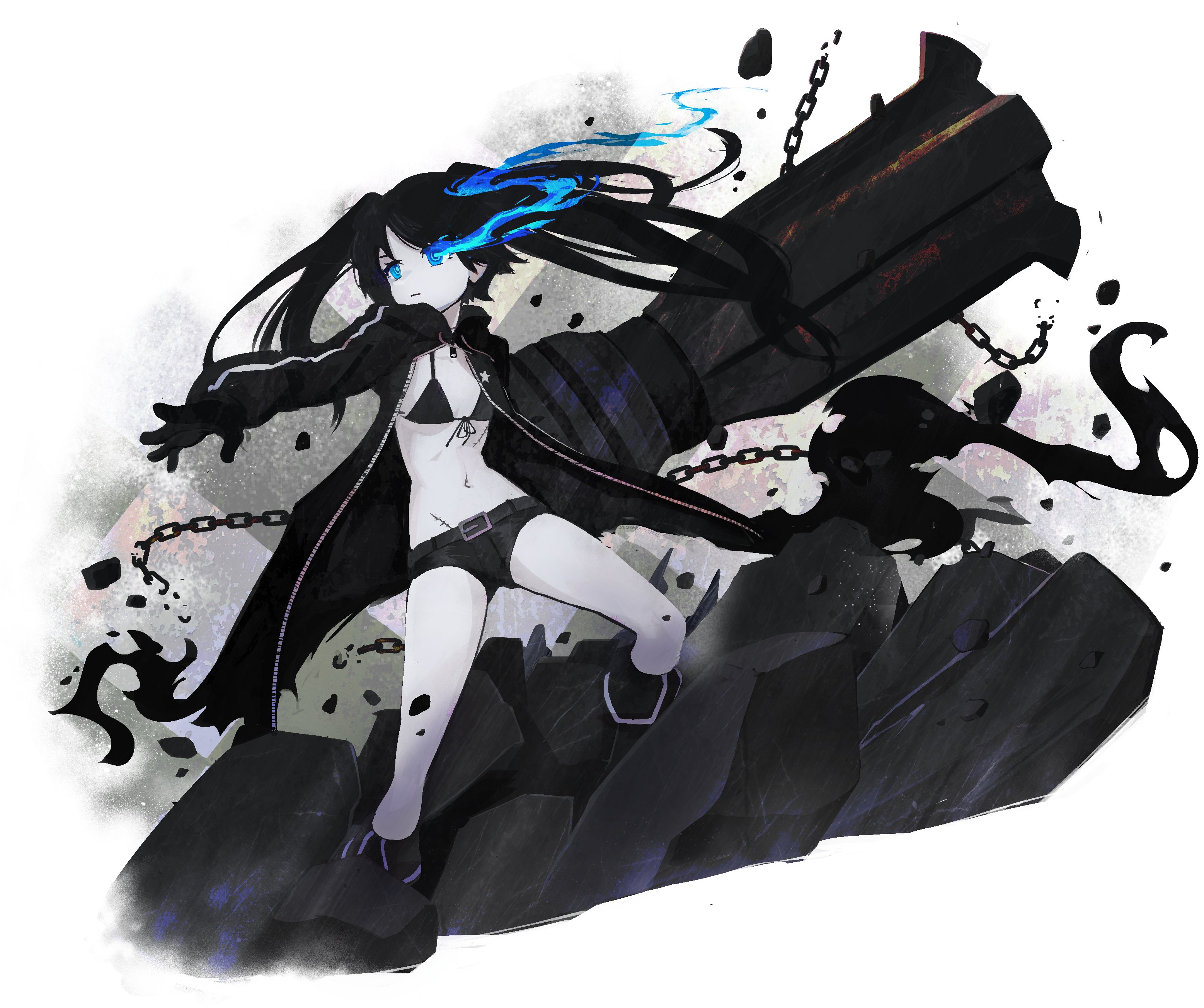 1girl absurdres belt bikini black_bikini black_coat black_gloves black_hair black_rock_shooter black_rock_shooter_(character) black_shorts blue_fire cannon coat fire flaming_eye gloves highres long_hair open_clothes pale_skin scar shorts suweeka swimsuit