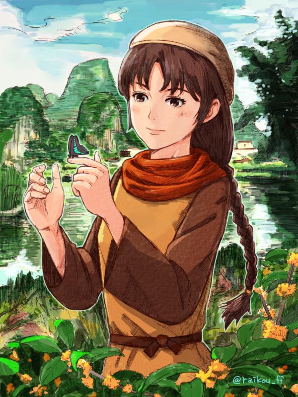 1girl braid brown_eyes brown_hair bug butterfly chinese_clothes closed_mouth cloud hat insect leaf ling_shen_hua long_hair mountain raikou_(ff) sega shenmue shenmue_i solo water yorimitsu