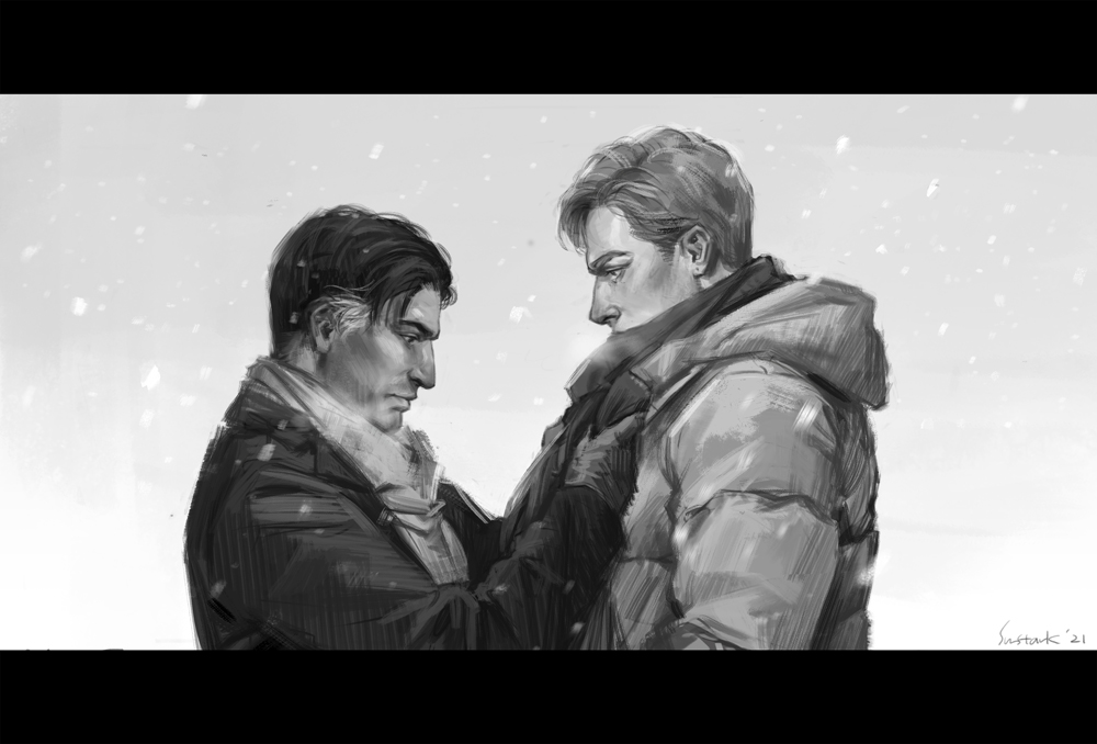 2boys adjusting_another&#039;s_clothes aquiline_nose arms_up artist_name commentary dated doc_(rainbow_six_siege) greyscale hood hood_down hooded_jacket jacket letterboxed lion_(rainbow_six_siege) long_sleeves looking_at_another looking_down male_focus monochrome multiple_boys nose profile rainbow_six_siege scarf short_hair short_sideburns sideburns snowing sun_stark thick_eyebrows upper_body winter