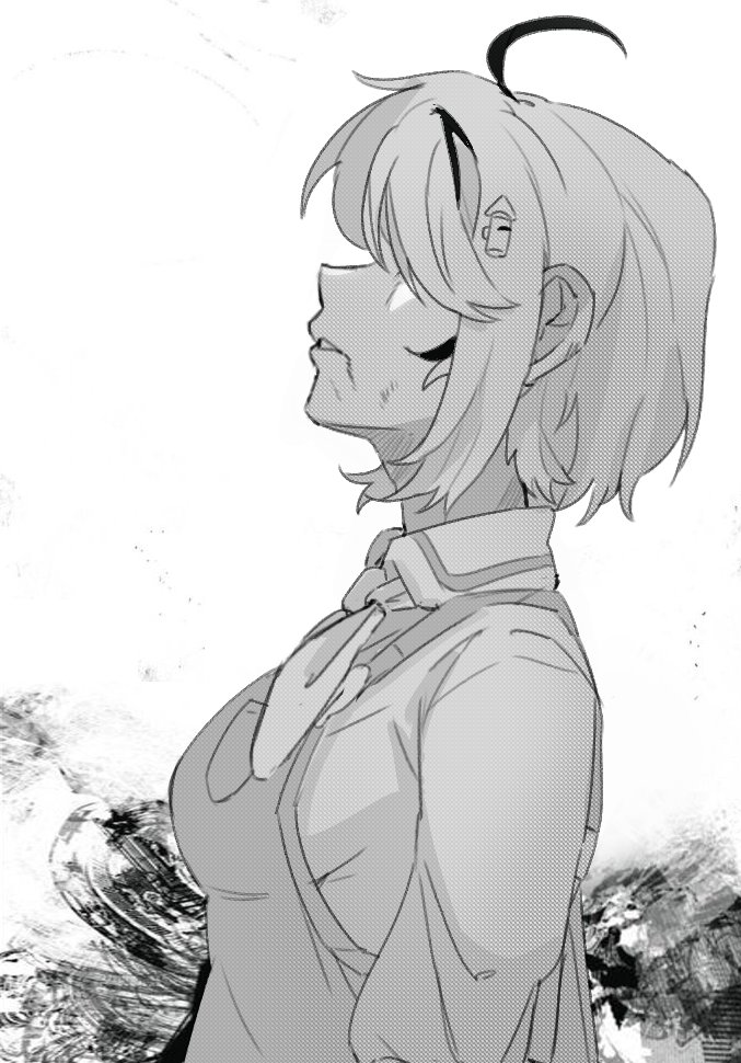 1girl addendium ahoge collared_shirt dooby_(vtuber) from_side greyscale hair_over_eyes indie_virtual_youtuber kaneki_profile_picture_(meme) looking_up medium_hair meme monochrome overalls shirt solo virtual_youtuber