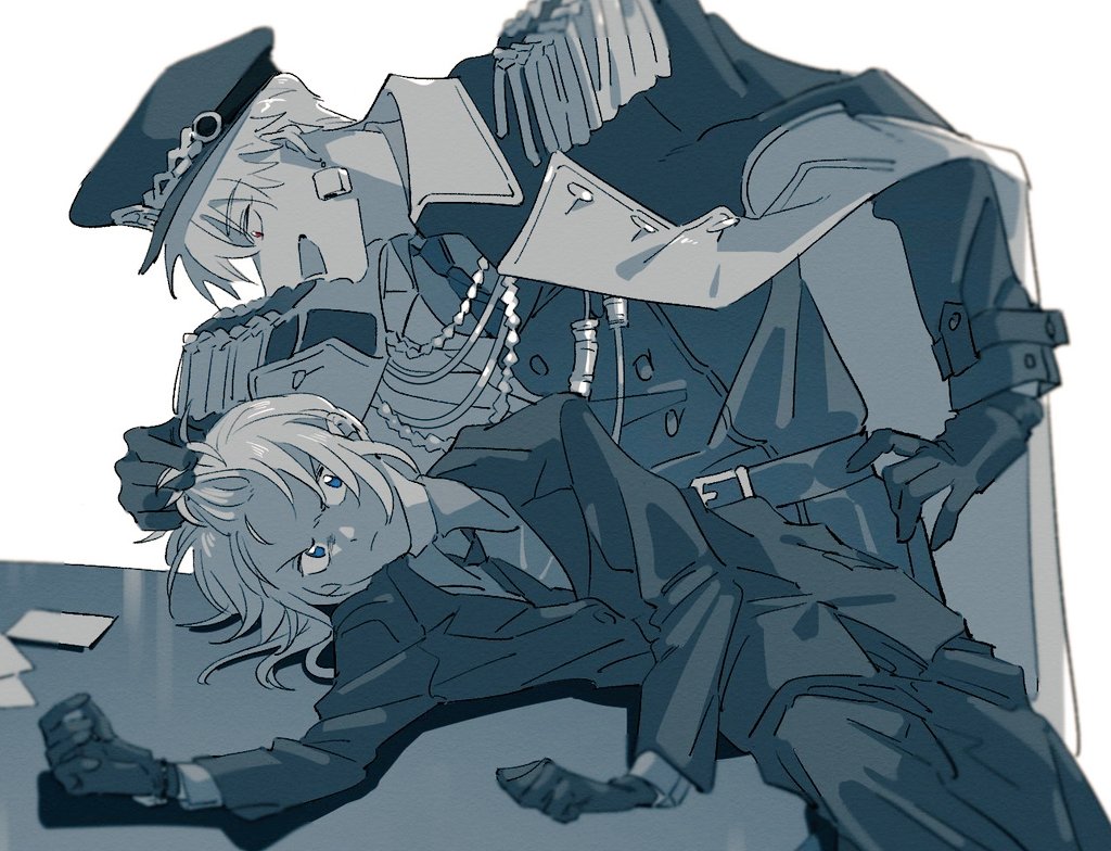1boy 1girl alternate_costume artoria_pendragon_(fate) blue_eyes coat coat_on_shoulders commentary_request duck11_rp earrings epaulettes fate/zero fate_(series) formal_clothes frown gilgamesh_(fate) gloves grabbing_another&#039;s_hair greyscale hat jewelry military_hat military_uniform monochrome necktie open_mouth red_eyes saber_(fate) smile spot_color suit table v-shaped_eyebrows