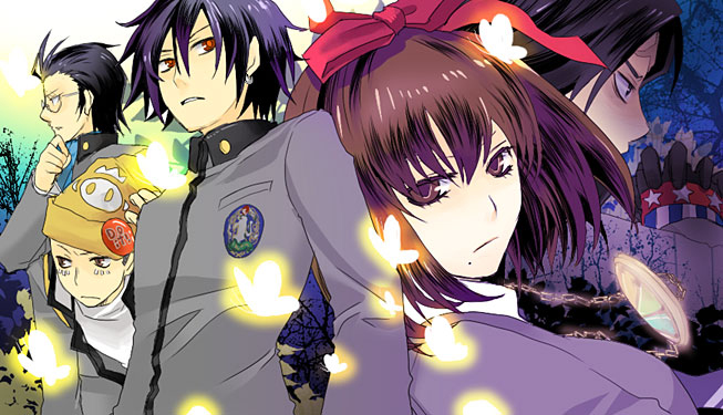 1girl 4boys american_flag american_flag_gloves american_flag_print black_hair brown_eyes brown_hair bug butterfly commentary facial_mark flag_print glasses gloves grey_shirt hair_ribbon hand_on_own_chin hand_on_own_hat hat inaba_masao insect kido_reiji looking_to_the_side midori126 mole mole_under_mouth multiple_boys nanjou_kei own_hands_together persona persona_1 print_gloves red_eyes red_ribbon ribbon scar scar_on_face scar_on_forehead school_uniform shirt short_hair sonomura_maki st._hermelin_school_uniform toudou_naoya yellow_hat