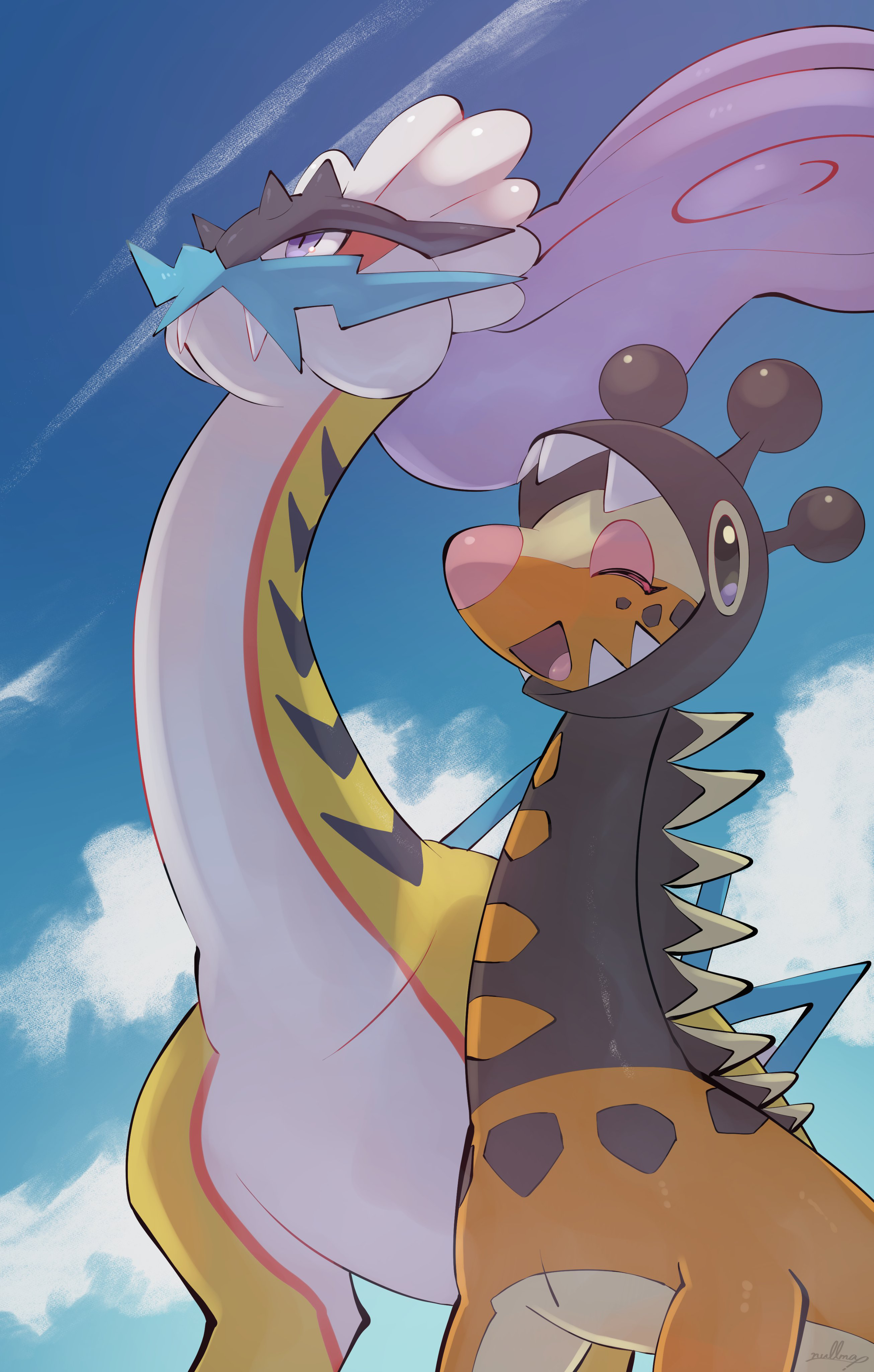 :d absurdres closed_eyes cloud commentary_request day fangs fangs_out farigiraf highres nintendo no_humans nullma open_mouth outdoors pokemon pokemon_(creature) purple_eyes raging_bolt sky smile tongue