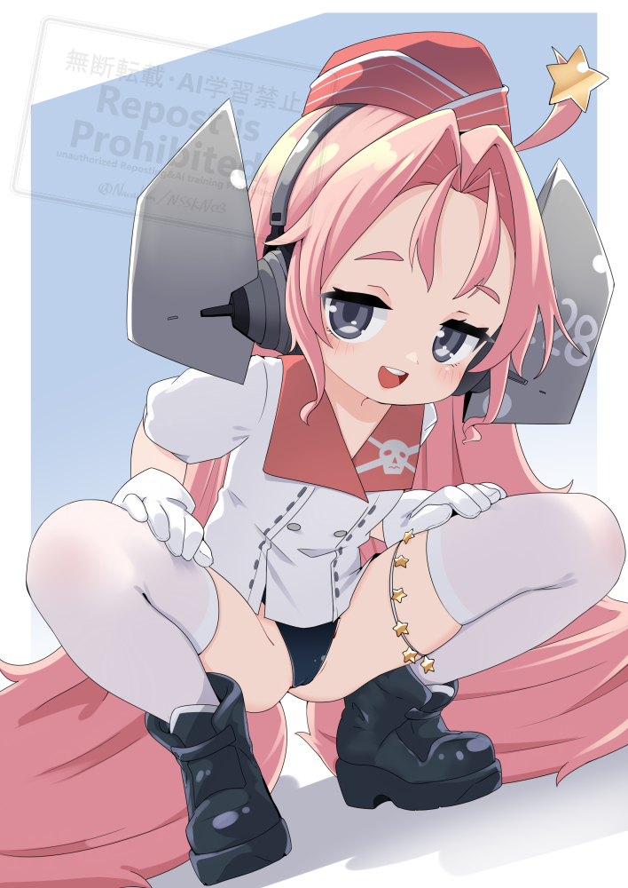 1girl ankle_boots black_boots black_eyes black_one-piece_swimsuit black_panties blush boots breasts cameltoe commentary_request copyright_notice dot_nose drum_(kancolle) gloves hair_intakes half-closed_eyes hands_on_own_thighs hat kantai_collection long_hair looking_at_viewer nassukun one-piece_swimsuit open_mouth paid_reward_available panties pink_hair red_hat shirt shoes short_sleeves small_breasts solo spread_legs squatting straight_hair swimsuit swimsuit_under_clothes teeth thighhighs underwear upper_teeth_only very_long_hair watermark white_gloves white_shirt white_thighhighs