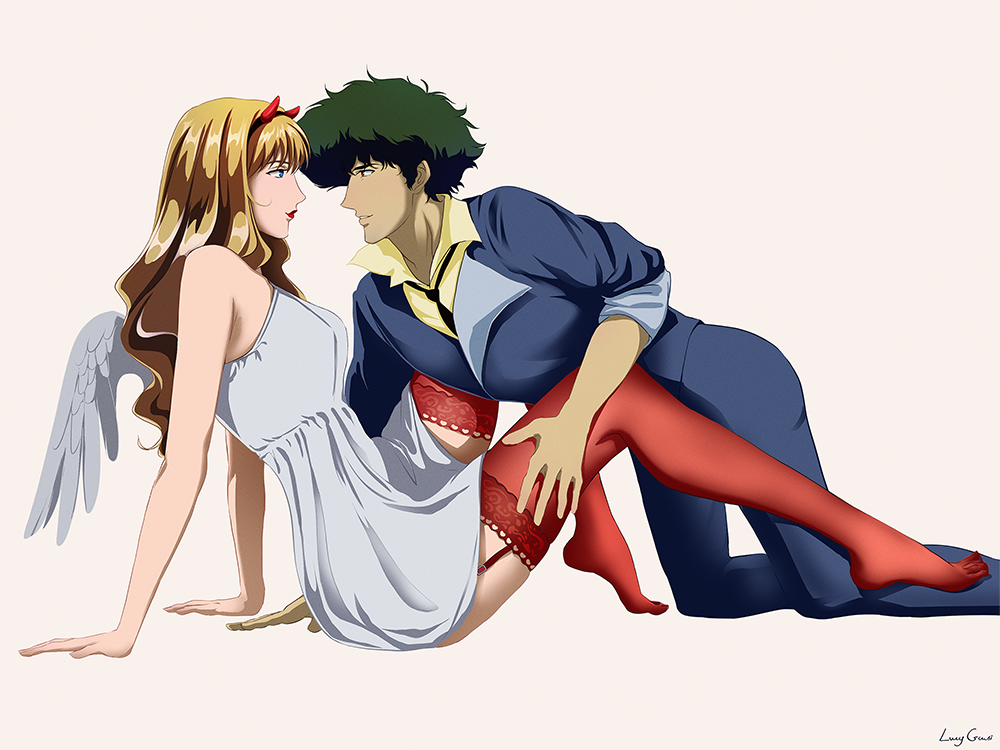 angel angel_wings blonde_hair blue_eyes brown_eyes cowboy_bebop curly_hair green_hair horns julia_(cowboy_bebop) lucyguusi spike_spiegel thighhighs wings