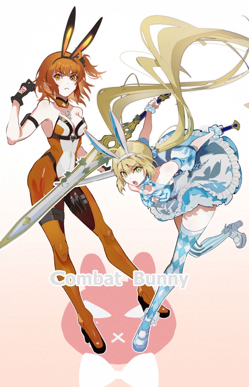 2girls adapted_costume ahoge animal_ears argyle_clothes argyle_legwear artoria_caster_(fate) artoria_caster_(swimsuit)_(fate) artoria_caster_(swimsuit)_(second_ascension)_(fate) artoria_caster_(swimsuit_berserker)_(fate) artoria_caster_(swimsuit_berserker)_(second_ascension)_(fate) artoria_pendragon_(fate) bare_shoulders black_gloves blonde_hair blue_dress blue_thighhighs blush bodysuit breasts cleavage dress fake_animal_ears fate/grand_order fate_(series) fujimaru_ritsuka_(female) fujimaru_ritsuka_(female)_(chaldea_combat_uniform) full_body gloves green_eyes hair_ornament hair_scrunchie hairband hanako_(onikutabetaiyo) highres long_hair looking_at_viewer medium_breasts multiple_girls one_side_up open_mouth orange_bodysuit orange_eyes orange_hair orange_scrunchie puffy_short_sleeves puffy_sleeves rabbit_ears scrunchie short_hair short_sleeves skirt small_breasts striped_clothes striped_thighhighs sword thighhighs twintails weapon white_skirt