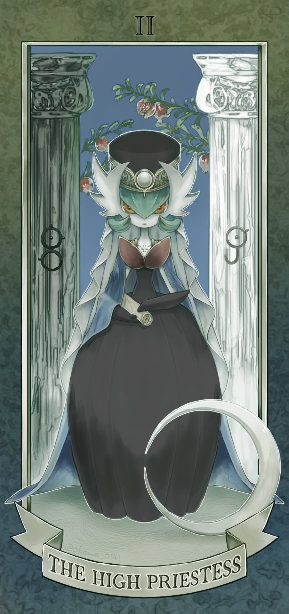 alternate_color bad_id bad_twitter_id card_(medium) closed_mouth clothed_pokemon colored_skin commentary_request cross cross_necklace framed gardevoir gen_2_pokemon gen_3_pokemon hat highres holding holding_paper jewelry looking_at_viewer mega_gardevoir mega_pokemon necklace nintendo okowa_0141 orange_eyes paper pokemon pokemon_(creature) roman_numeral shiny_pokemon solo standing tarot tarot_(medium) the_high_priestess_(tarot) unown unown_b unown_j white_hat white_skin
