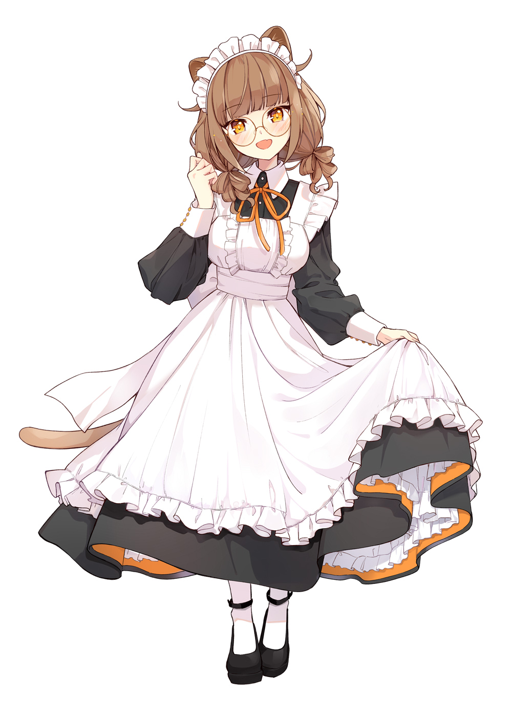 1girl animal_ears apron black_dress black_shoes blush breasts brown_hair cat_ears cat_girl cat_tail commentary_request dress frilled_apron frills glasses hazuki_natsu head_tilt highres long_sleeves looking_at_viewer maid medium_breasts open_mouth original pantyhose round_eyewear shoes short_hair simple_background skirt_hold smile solo tail white_apron white_background white_pantyhose yellow_eyes