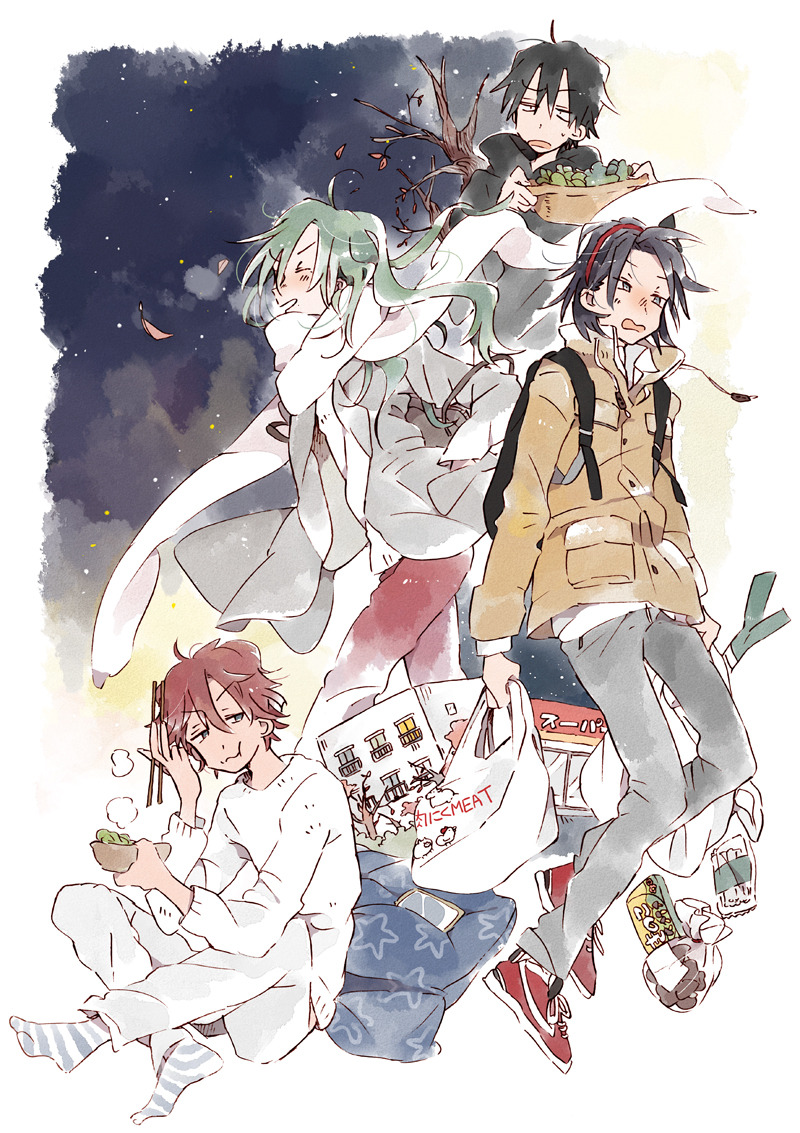 4boys ahoge antenna_hair autumn_leaves bag bare_tree black_eyes black_hair black_hoodie black_sleeves blush bowl brown_coat brown_sleeves cellphone chewing chopsticks closed_mouth coat coattails collared_coat collared_jacket collared_shirt cooking_pot crossed_legs eating food footwear_ribbon frown full_body green_hair grey_jacket grey_pants grey_sleeves grey_socks groceries grocery_bag h_kawa hairband hand_on_own_head hands_in_pockets high_collar holding holding_bag holding_bowl holding_chopsticks holding_cooking_pot hood hood_down hoodie ibitani_ryou jacket layered_sleeves leaf long_hair long_sleeves machimiya_eikichi makishima_yuusuke male_focus midriff_peek multiple_boys night night_sky nose_blush open_clothes open_jacket open_mouth pants phone pillow red_footwear red_hair red_hairband ribbon scarf shirt shoes shopping_bag short_hair sitting sky smartphone smile sneakers socks star_(sky) starry_sky striped_clothes striped_socks supermarket sweatdrop sweater tan toudou_jinpachi tree two-tone_socks v-shaped_eyebrows wavy_mouth white_background white_ribbon white_scarf white_shirt white_sleeves white_socks white_sweater winter_clothes yowamushi_pedal