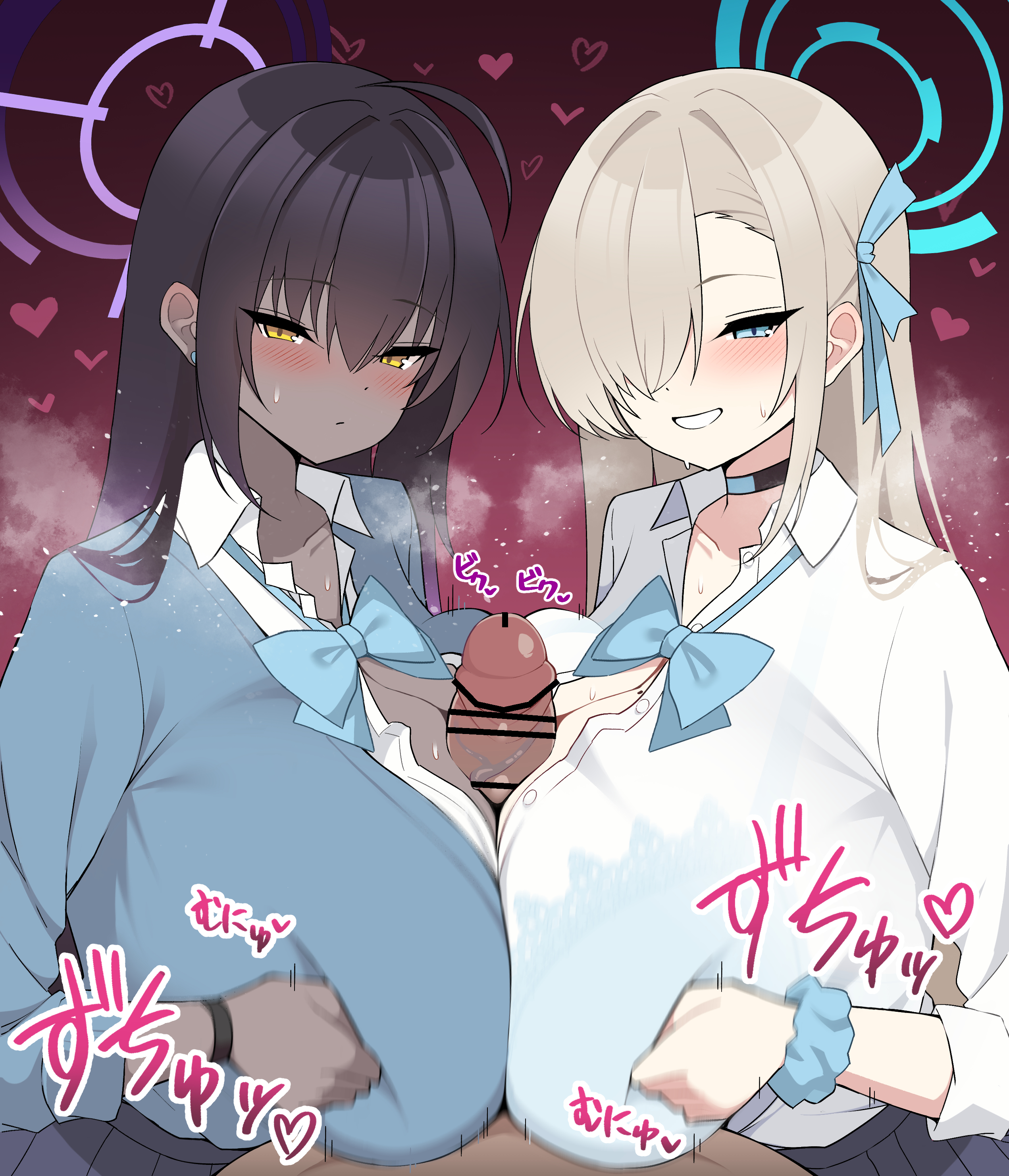 1boy 2girls absurdres asuna_(blue_archive) bar_censor black_hair blonde_hair blue_archive blue_bow blue_bowtie blue_eyes blue_skirt blue_sweater blush bow bowtie bra_visible_through_clothes breasts breasts_squeezed_together censored choker cleavage cooperative_paizuri ffm_threesome group_sex hair_over_one_eye halo heart hetero highres huge_breasts karin_(blue_archive) large_penis long_hair looking_at_viewer multiple_girls paizuri penis school_uniform shirt skirt smile sweater teamwork_(sexual) threesome unanagusa_(nhws7332) white_shirt yellow_eyes