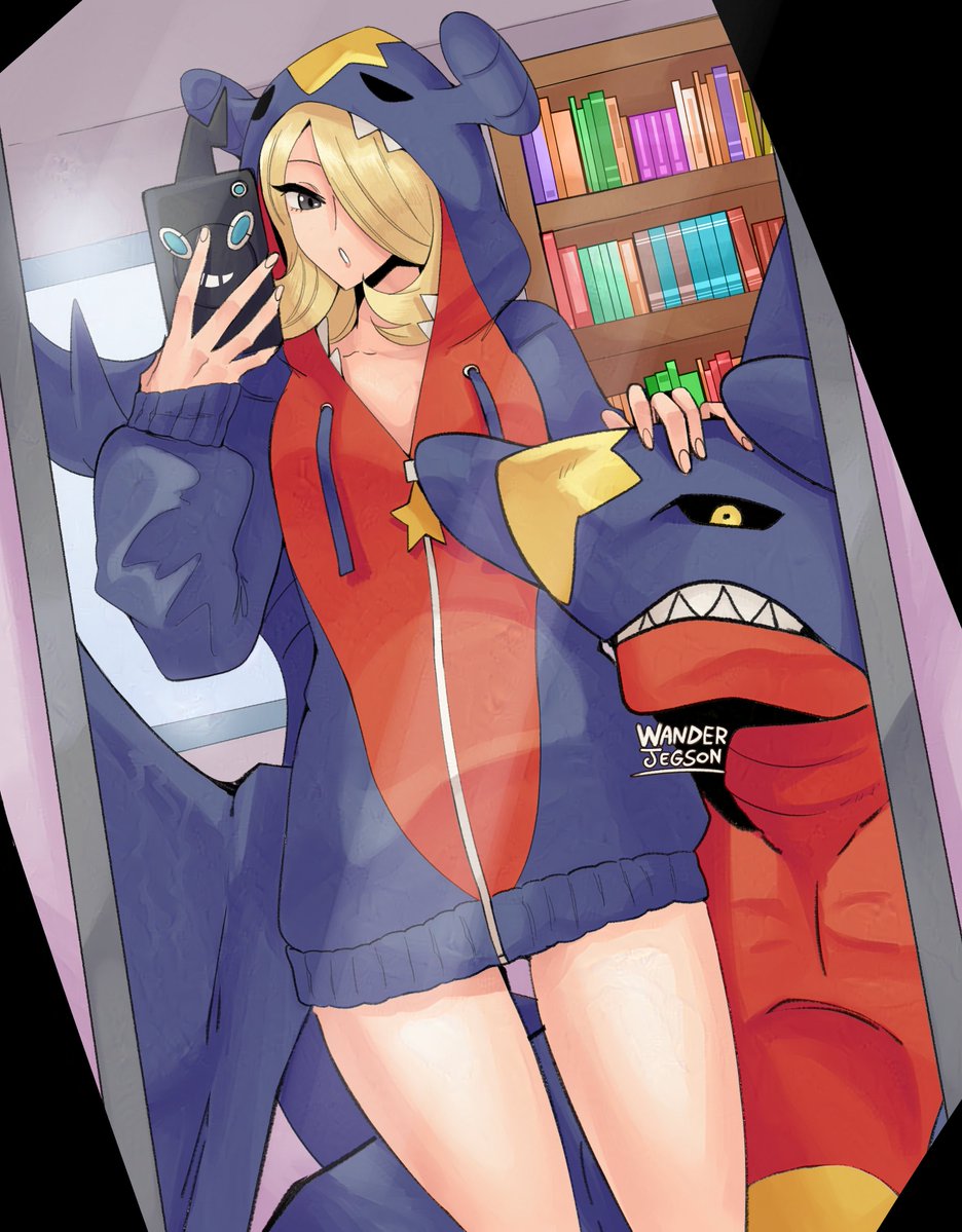 1girl :o alternate_costume bare_legs blonde_hair book bookshelf cellphone character_hood cosplay cowboy_shot cynthia_(pokemon) garchomp garchomp_(cosplay) gen_4_pokemon grey_eyes hair_over_one_eye half-closed_eyes hand_on_another&#039;s_head hands_up holding holding_phone hood hooded_jacket hoodie jacket long_sleeves looking_at_viewer mirror mirror_selfie nintendo parted_lips phone pokemon pokemon_(creature) pokemon_dppt purple_hoodie rotom rotom_phone selfie sleeves_past_wrists smartphone solo_focus wanderjegson
