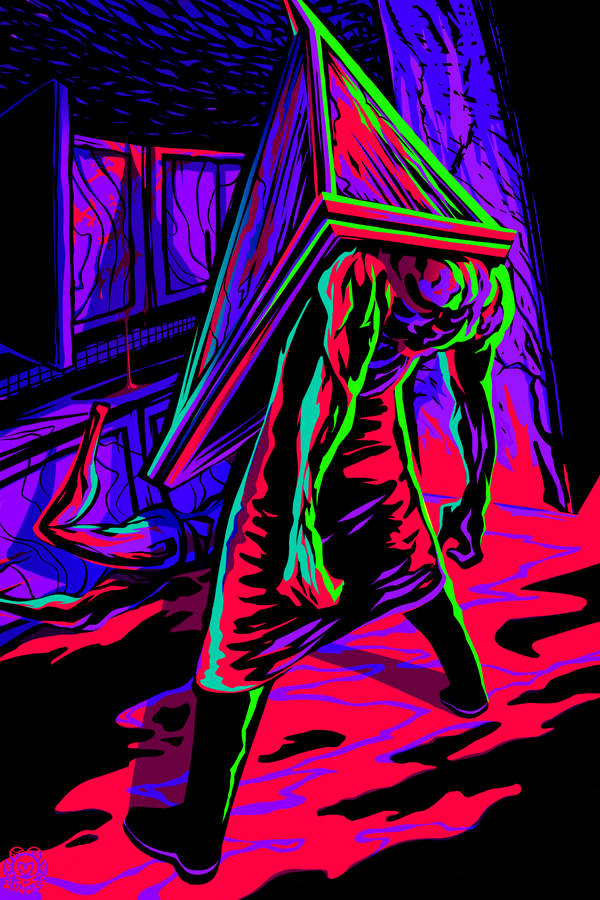 1boy arms_at_sides blood blood_drip blood_on_body boots colorful from_behind full_body male_focus muscular muscular_male object_head pool_of_blood pyramid_head robe silent_hill_(series) solo standing versiris