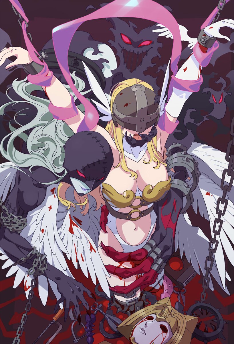 2girls angel_and_devil angewomon black_bodysuit blonde_hair blood blood_on_arm blood_on_mask bloody_wings bodysuit boobplate breastplate breasts chain cleavage clothing_cutout colored_skin commission covered_eyes digimon digimon_(creature) dildo evolutionary_line feathered_wings feathers futa_yuri_ryona grey_hair grey_skin helmet helmet_over_eyes highres ladydevimon large_breasts long_hair mask multiple_girls navel nefertimon pink_lips restrained ryona sex_toy stitches stomach_cutout unworn_mask white_bodysuit white_feathers white_wings winged_helmet wings