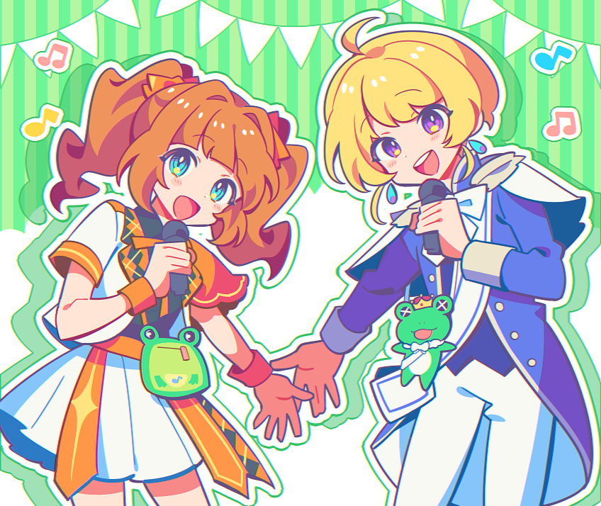 1boy 1girl blonde_hair blush brown_hair dress earrings green_background green_eyes hair_intakes idolmaster idolmaster_(classic) idolmaster_side-m jewelry kaerre long_hair microphone musical_note open_mouth patterned_background pierre_bichelberger pleated_skirt purple_eyes sash skirt smile string_of_flags striped_background stuffed_animal stuffed_frog stuffed_toy surigoma_(39_sekai) takatsuki_yayoi twintails vertical_stripes