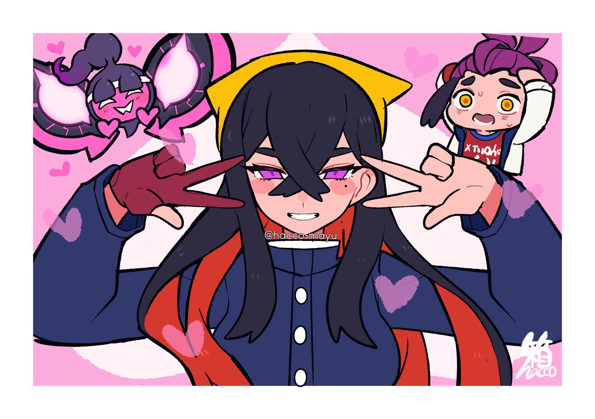 1boy 1girl alternate_eye_color black_hair blue_gakuran blueberry_academy_school_uniform blush brother_and_sister carmine_(pokemon) chibi chibi_inset colored_inner_hair corruption crossed_bangs double_w furrowed_brow gloves grin hacco_mayu hair_between_eyes hair_pulled_back hairband hands_on_own_head hands_up heart heart_background highres jacket kieran_(pokemon) long_hair looking_at_viewer mind_control mole mole_under_eye multicolored_hair nintendo open_mouth partially_fingerless_gloves pecharunt pink_background pink_eyes pokemon pokemon_sv portrait purple_hair red_gloves red_hair red_tank_top scared school_uniform siblings single_glove smile solo_focus sweat tank_top topknot two-tone_hair w white_jacket yellow_eyes yellow_hairband