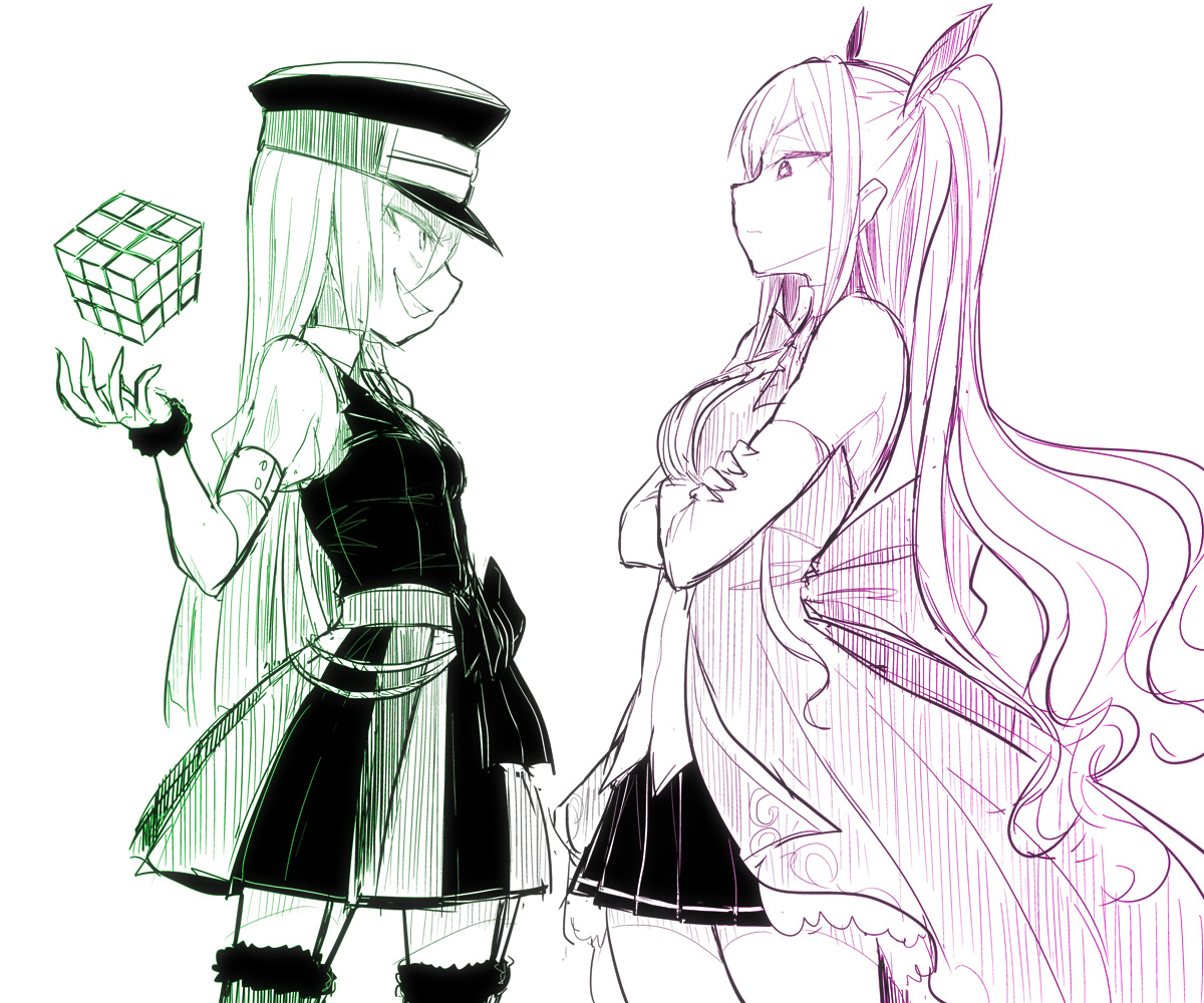 2girls alina_gray ami_ria bow chain crossed_arms cube elbow_gloves eye_contact from_side fur-trimmed_thighhighs fur_trim furrowed_brow gloves hat ken_(koala) long_hair looking_at_another magia_record:_mahou_shoujo_madoka_magica_gaiden magical_girl mahou_shoujo_madoka_magica multiple_girls open_mouth peaked_cap pleated_skirt profile puffy_short_sleeves puffy_sleeves short_sleeves skirt smile standing straight_hair thighhighs very_long_hair vest waist_bow