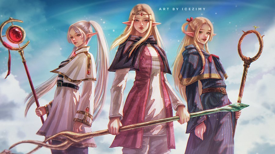 3girls belt black_capelet black_pantyhose black_robe blonde_hair blue_sky braid capelet closed_mouth cloud commentary cowboy_shot crossover dress dungeon_meshi earrings elf english_commentary frieren gem gold_trim green_eyes holding holding_staff hood hooded_capelet icezimy jewelry long_hair long_sleeves look-alike looking_at_viewer mage_staff marcille_donato multiple_crossover multiple_girls nintendo pantyhose parted_bangs pink_dress pointy_ears princess_zelda red_gemstone robe sidelocks skirt skirt_set sky smile sousou_no_frieren staff standing the_legend_of_zelda the_legend_of_zelda:_echoes_of_wisdom trait_connection twintails two-tone_dress white_capelet white_dress white_hair white_skirt