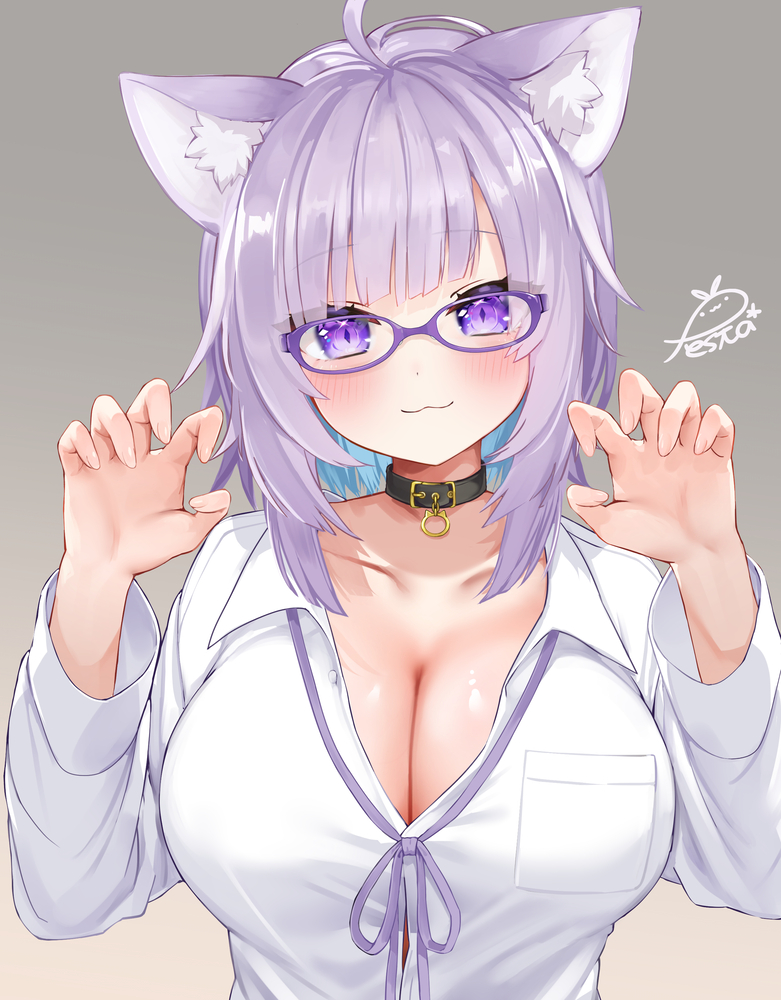 1girl ahoge animal_ear_fluff animal_ears belt_collar blue_hair blush bow bowtie breast_pocket breasts cat_ears choppy_bangs claw_pose cleavage collar colored_inner_hair commentary_request festa11307070 glasses grey_background hololive large_breasts looking_at_viewer multicolored_hair nekomata_okayu paid_reward_available pocket purple-framed_eyewear purple_bow purple_bowtie purple_eyes purple_hair round_eyewear shirt short_hair signature smile solo upper_body virtual_youtuber white_shirt